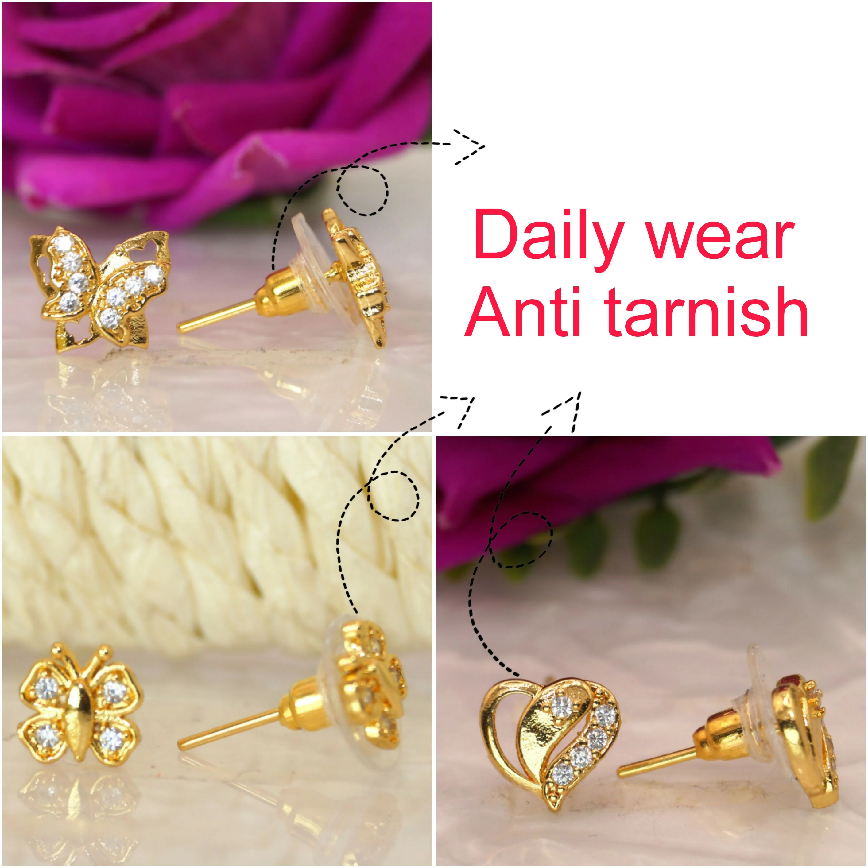 Gold Butterfly Stud Earrings Combo Pack – Elegant Heart & Butterfly Design - Image 3