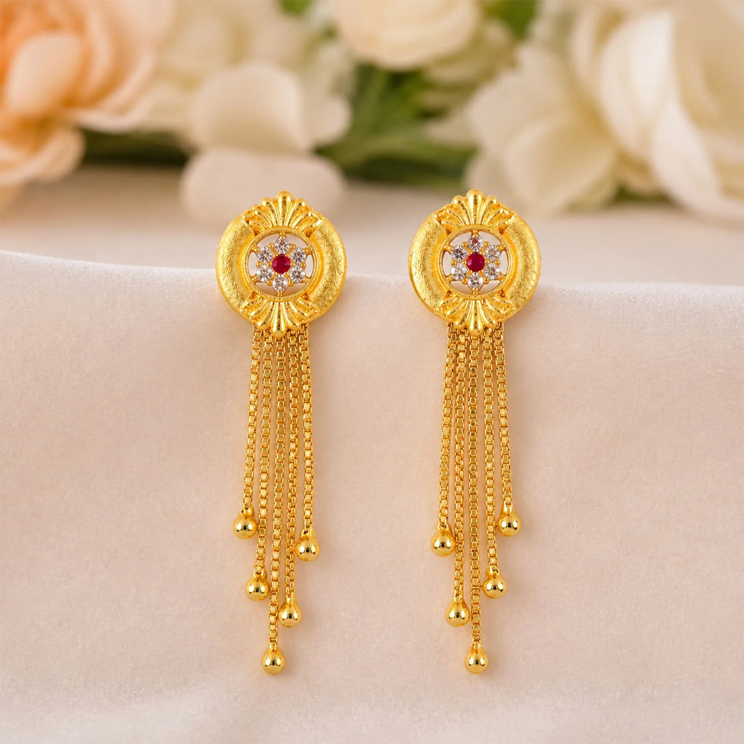 Gold Circular Medallion Dangle Earrings, Multi-Strand Chain Tassels... - Image 3