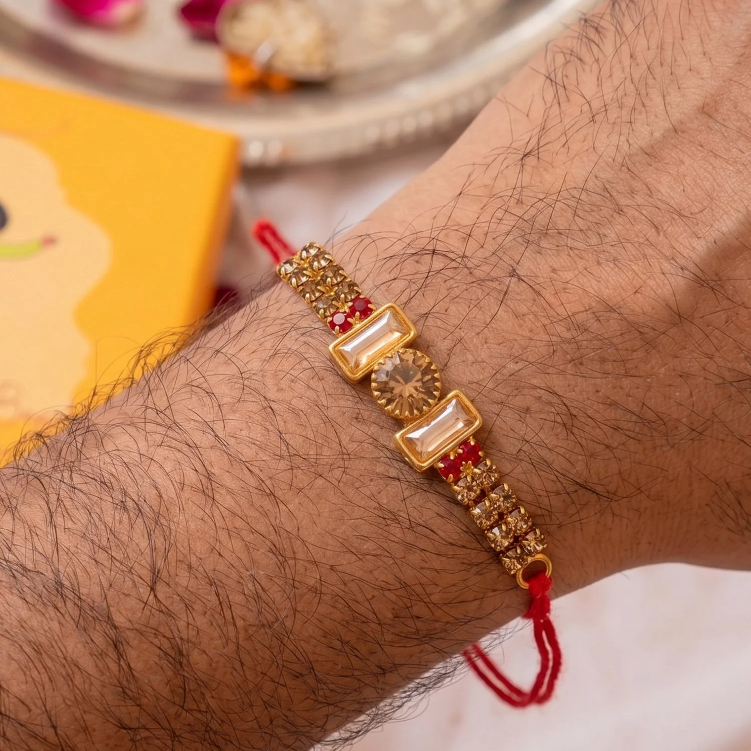 Gold Cylinder Bracelet Rakhi for Brother Bhai Raksha Bandhan Festival Special Gift - Image 3