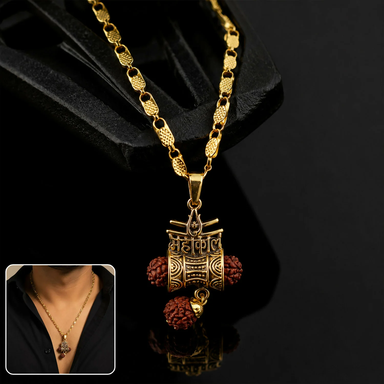 Gold Finish Mahakal Rudraksha Damru Pendant Chain for Men & Women