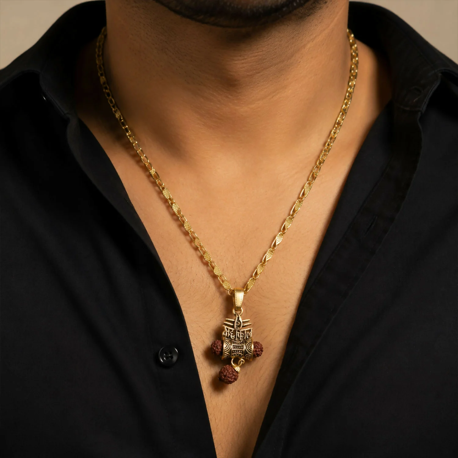 Gold Finish Mahakal Rudraksha Damru Pendant Chain for Men & Women - Image 4