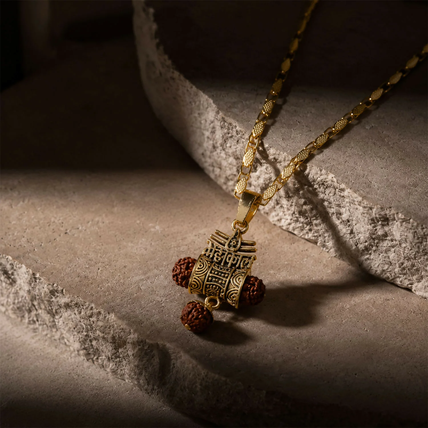 Gold Finish Mahakal Rudraksha Damru Pendant Chain for Men & Women - Image 5