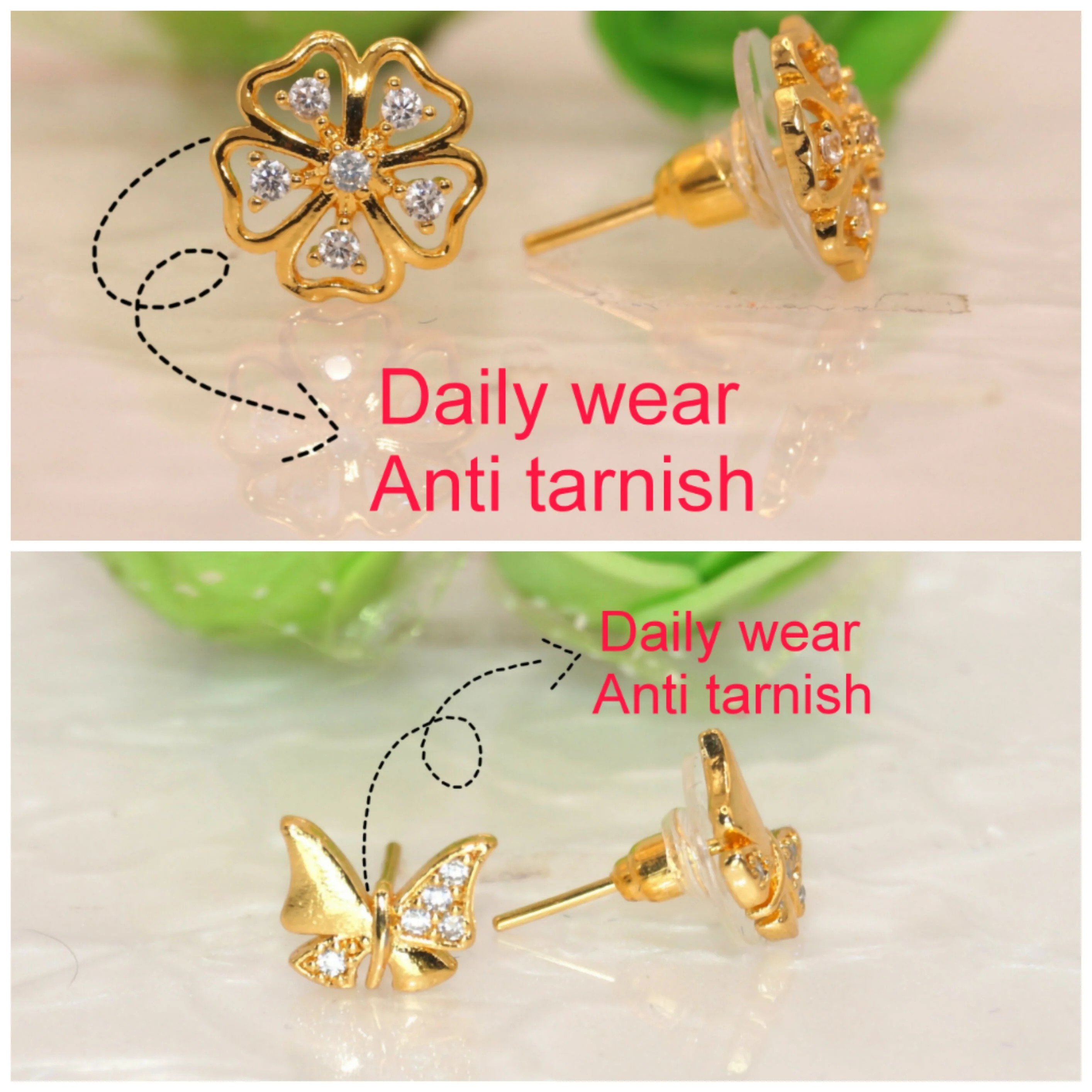Gold Flower & Butterfly Stud Earrings – Elegant Combo Pack of 2 - Image 3