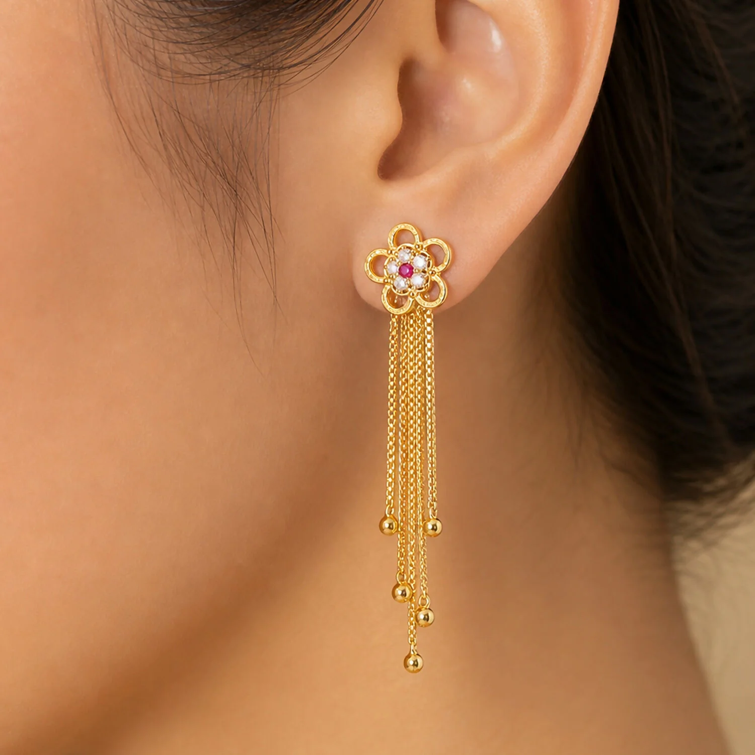 Gold Flower Dangle Earrings – Ruby Gemstone Tassel Design for Women - Image 2