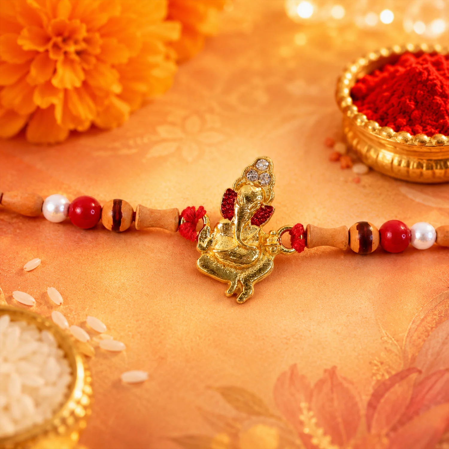Gold Ganesh Charm Rakhi, Elegant traditional festival decor - Image 4