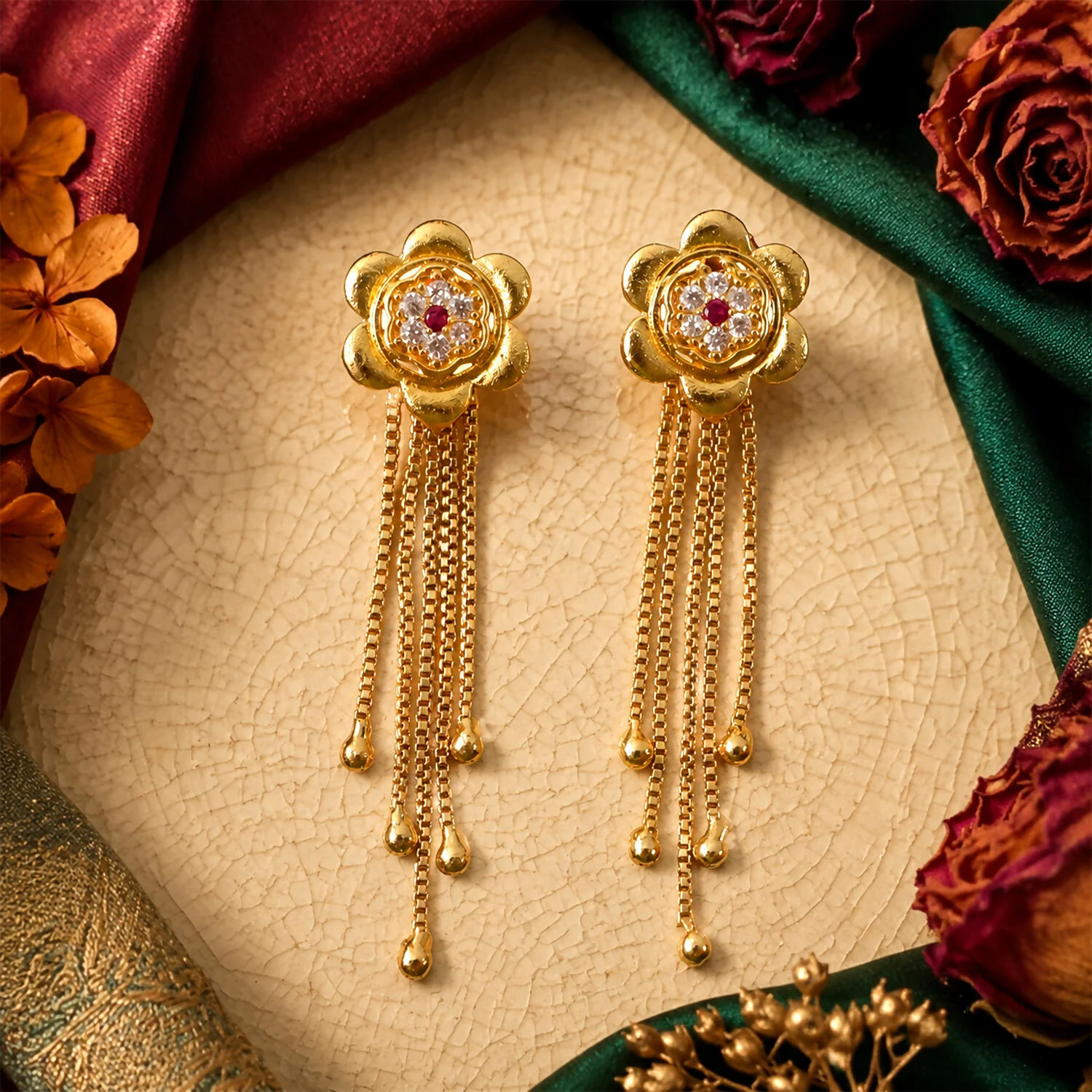 Gold Layered Blossom Dangle Earrings with Multi-Strand Chain Tassel... - Image 4