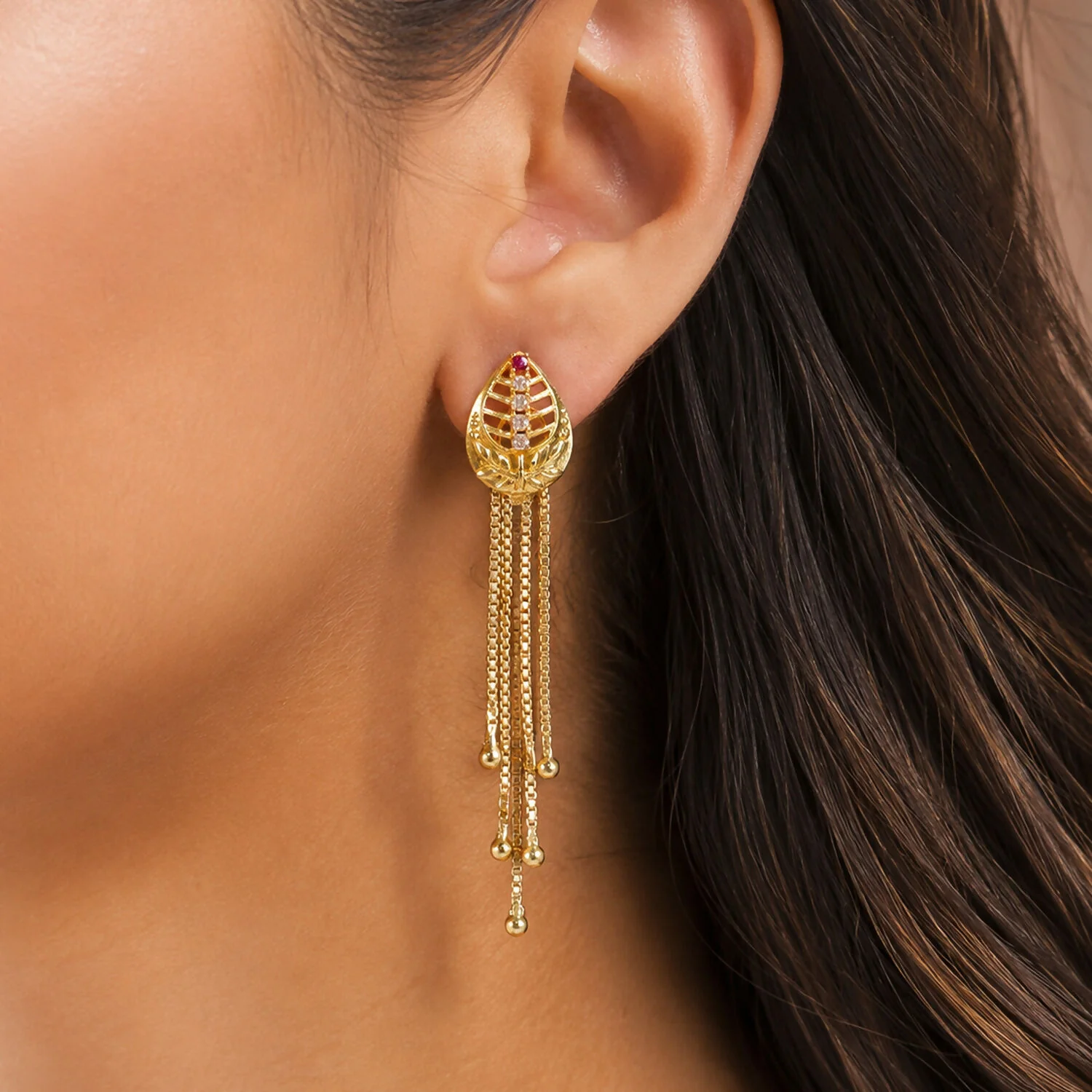 Gold Leaf-Shaped Dangle Earrings, Multi-Strand Chain Tassels & Grad... - Image 2