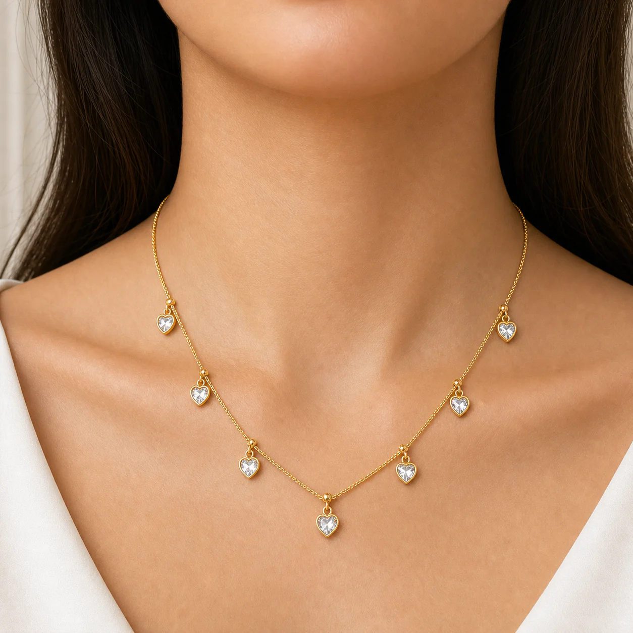 Gold Necklace with Heart-Shaped Clear Gemstone Pendants for Elegant Style - Image 4