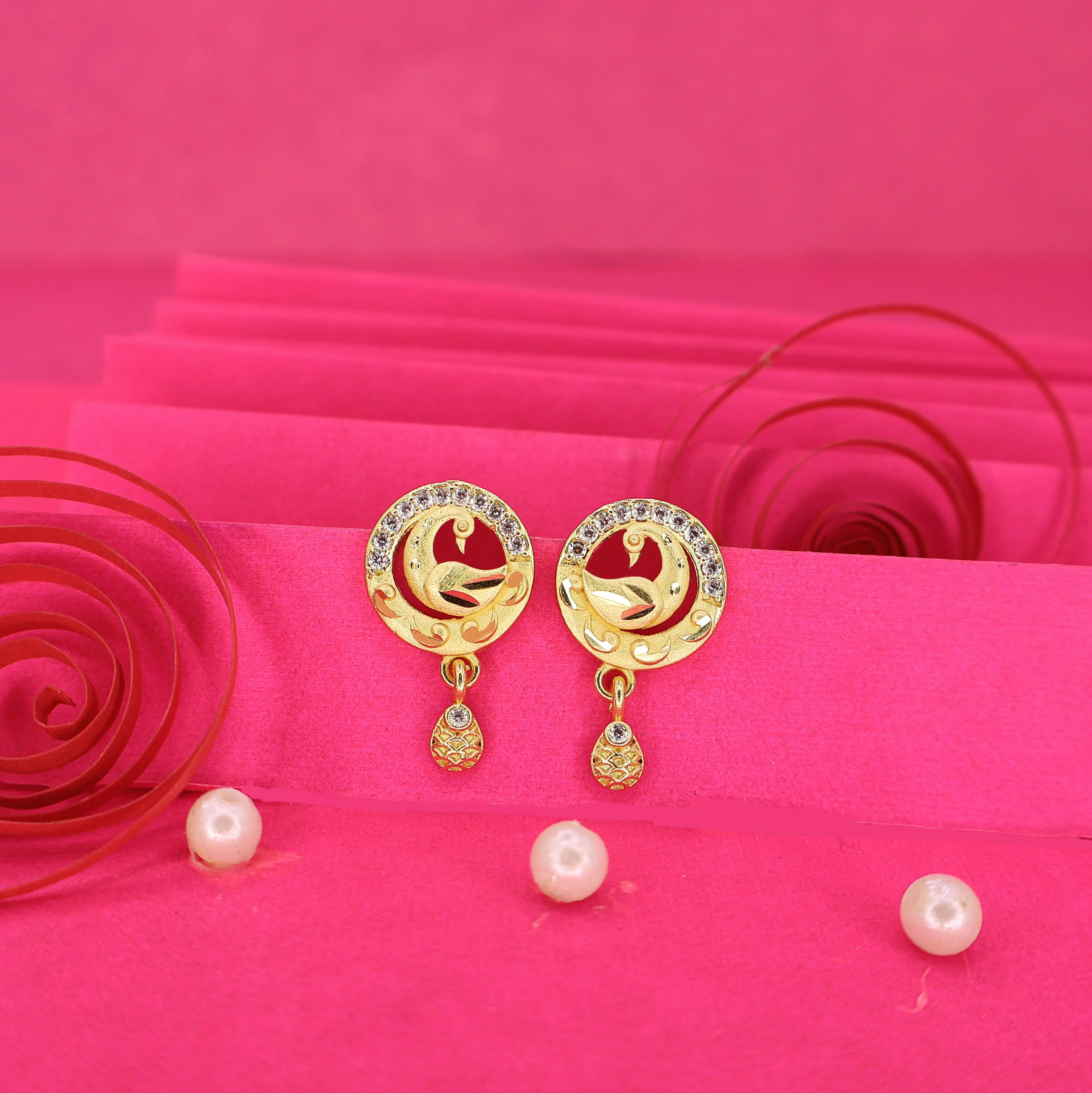 Peacock Gold Stud Earrings – Elegant 22K Gold with AD Sparkle - Image 3