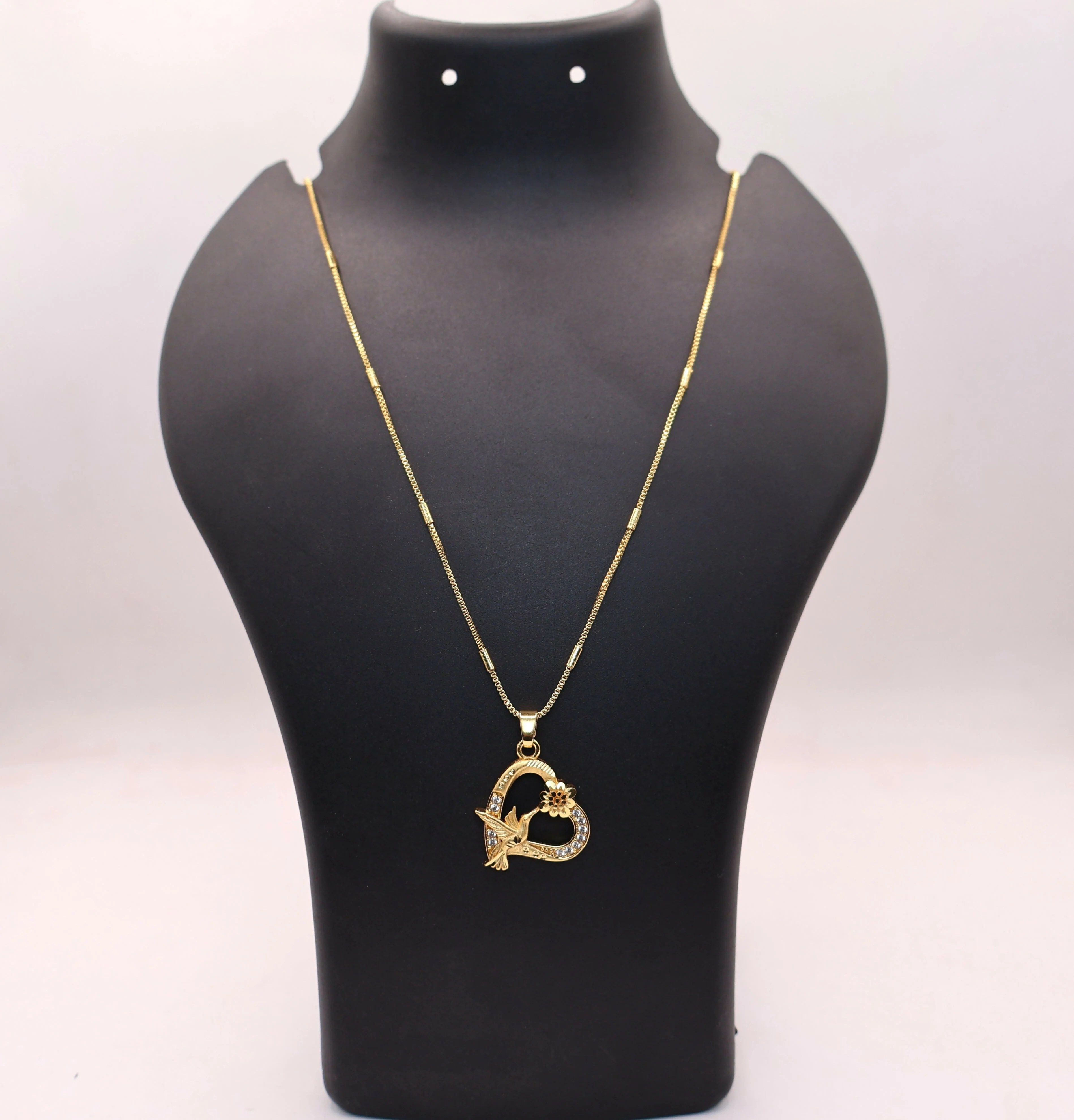 Gold Pendant Necklace – Heart Hummingbird Design with Crystals - Image 3