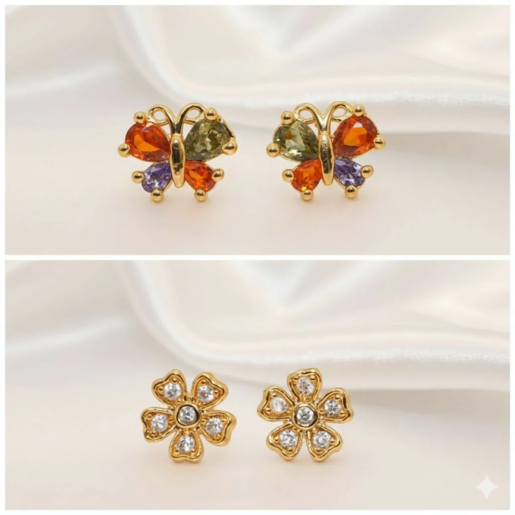 Gold-Plated Stud Earrings Set – Floral & Colorful Butterfly Combo