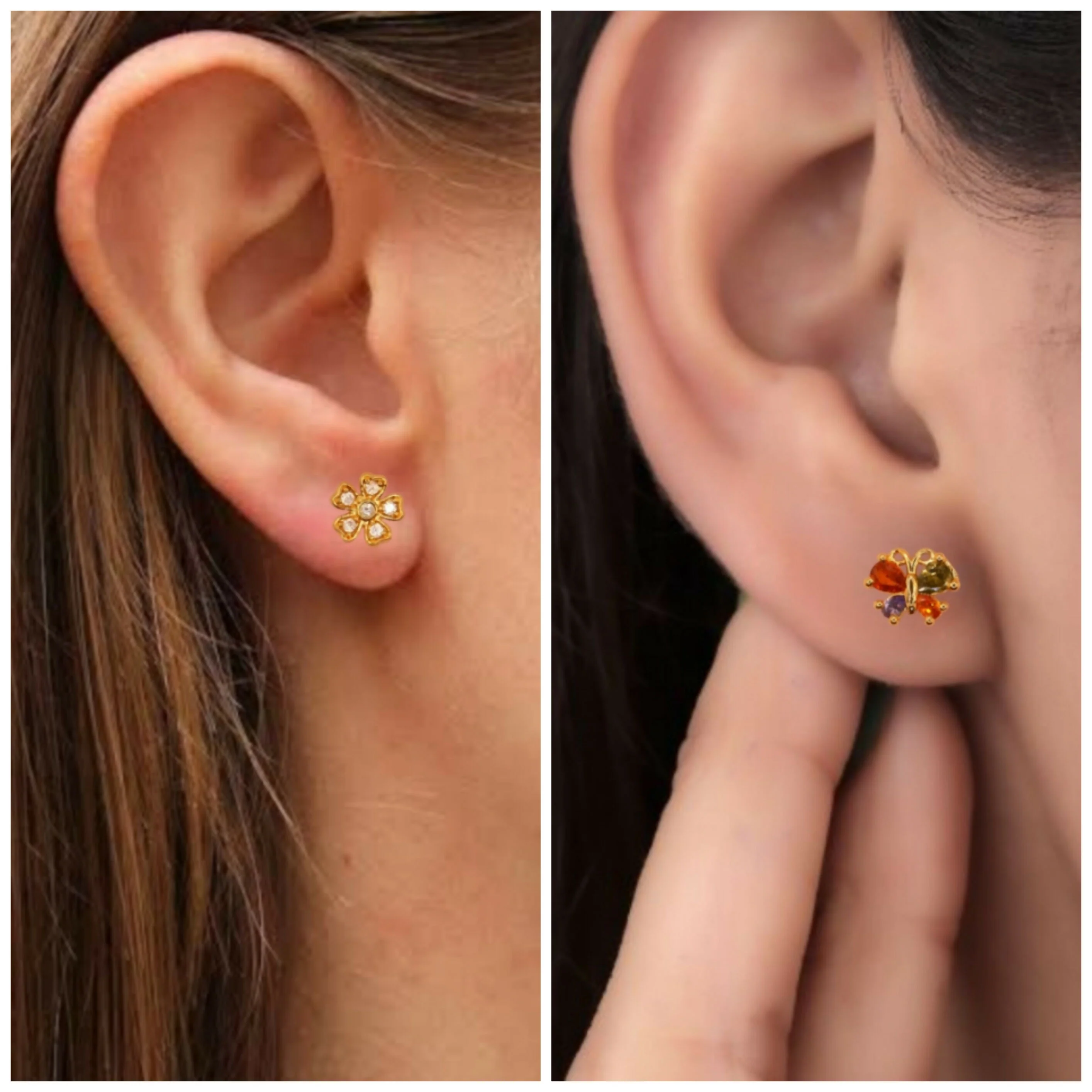 Gold-Plated Stud Earrings Set – Floral & Colorful Butterfly Combo - Image 3