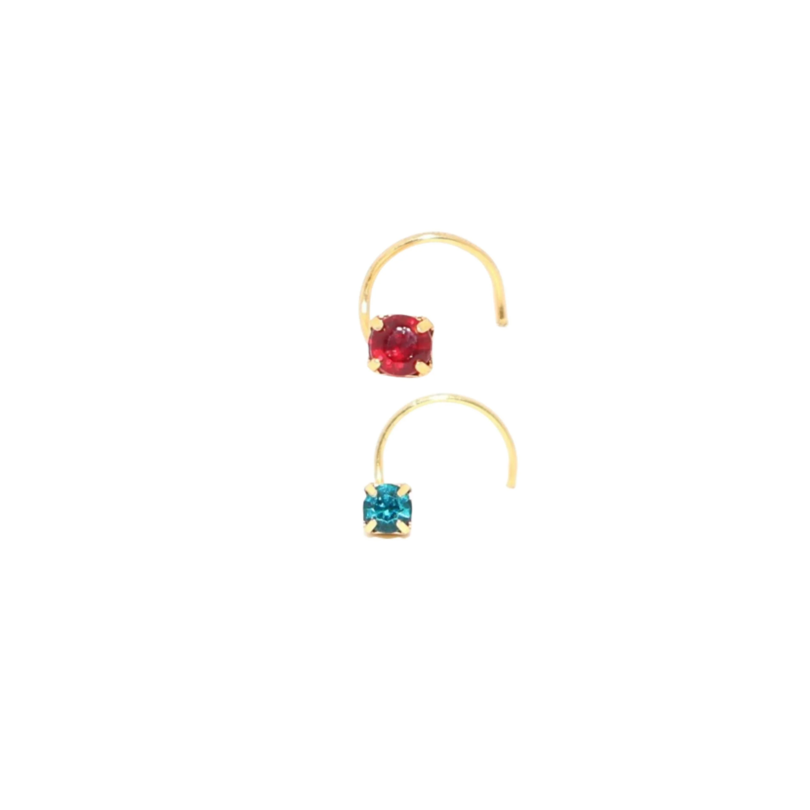 Crystal Nose Pin Set – Gold Plated Ruby Red & Sky Blue Duo - Image 3