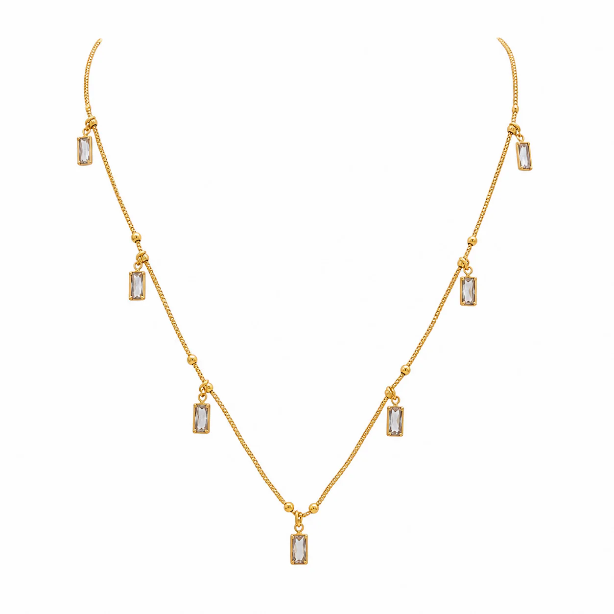 Gold Plated Baguette Crystal Charm Necklace Elegant CZ Stone Chain for Women - Image 5