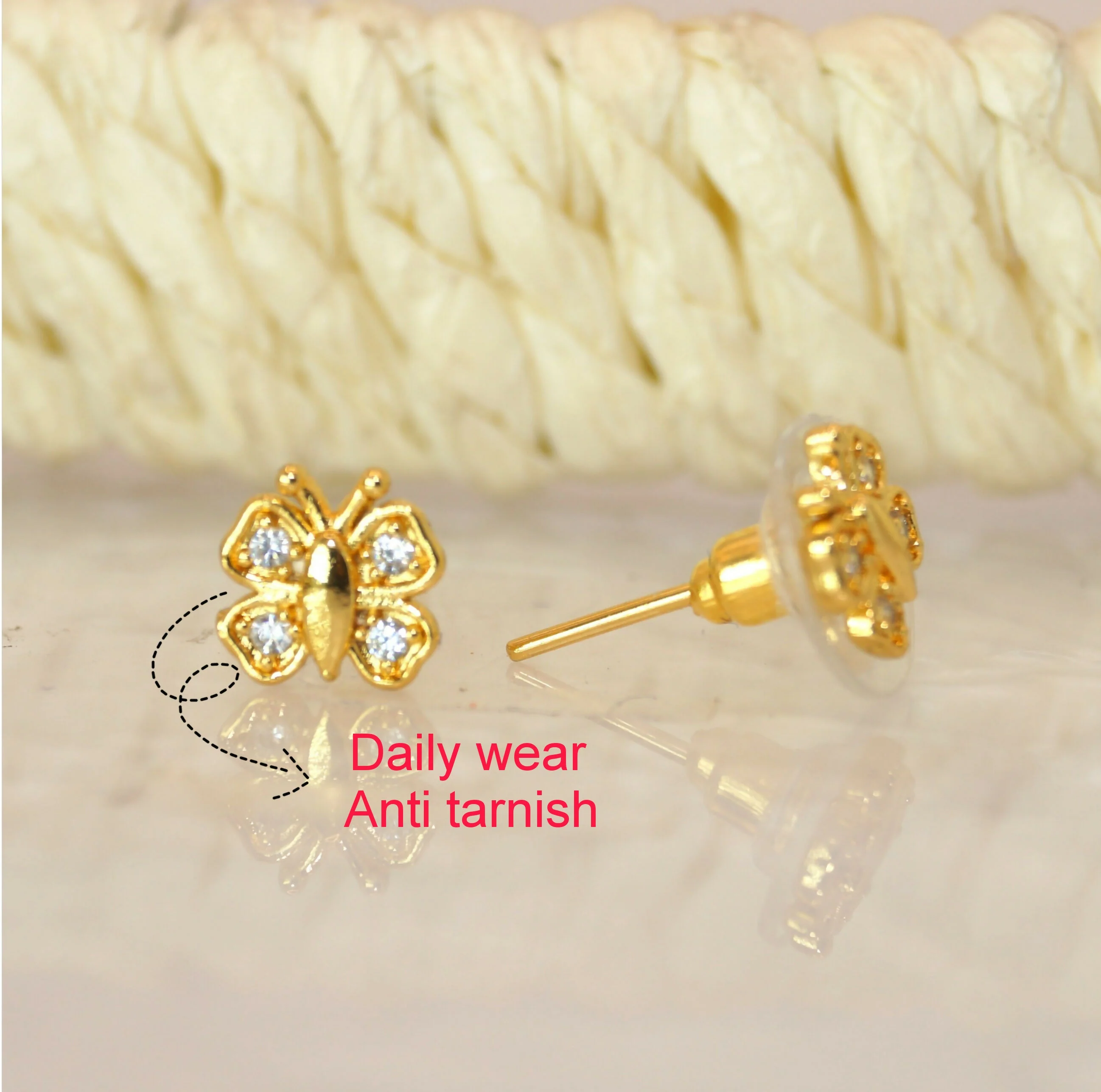 Gold Butterfly Stud Earrings – Elegant Diamond-Cut Sparkle - Image 3