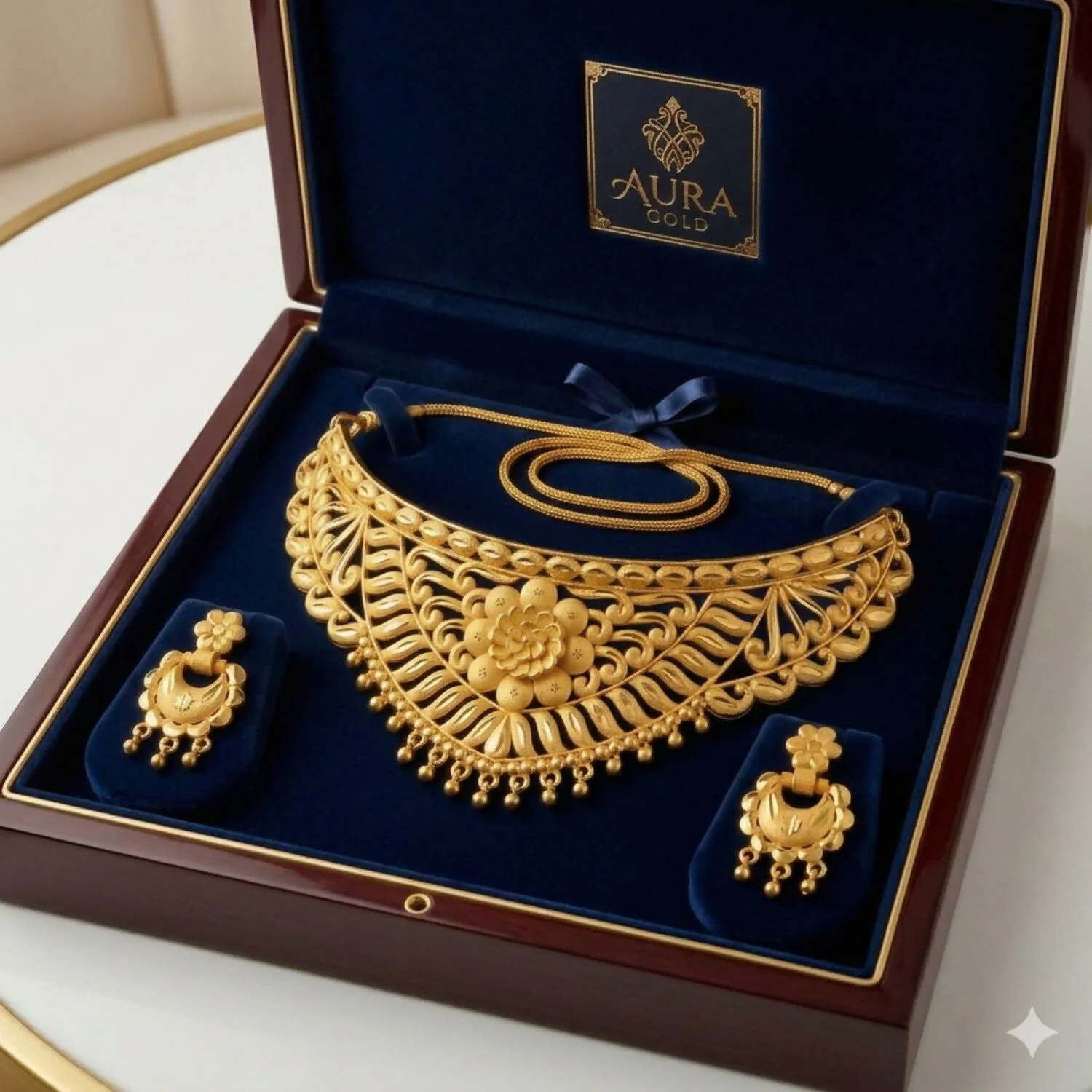 Gold Plated Designer Choker Necklace Set with Floral Earrings - Image 3