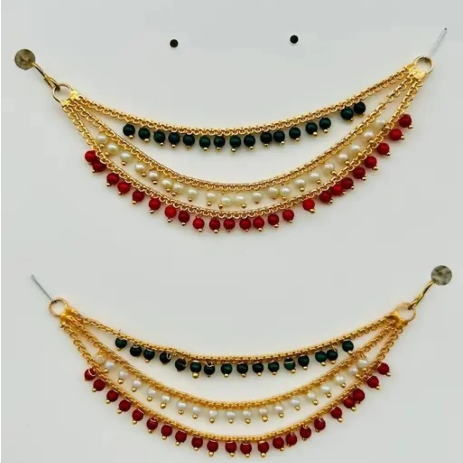 Gold-Plated Ear Chain Kanser with Red and Green Beads for Bridal Wear