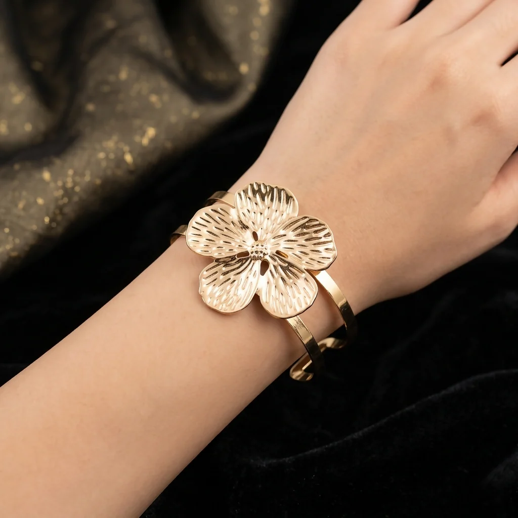 Gold Plated Elegant Floral Cuff Kada with Intricate Petal Detailing - Image 2