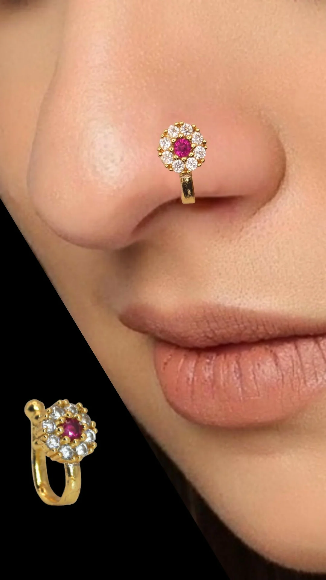 Gold Plated Floral Clip-On Nose Pin – Elegant Red & White Stones - Image 2
