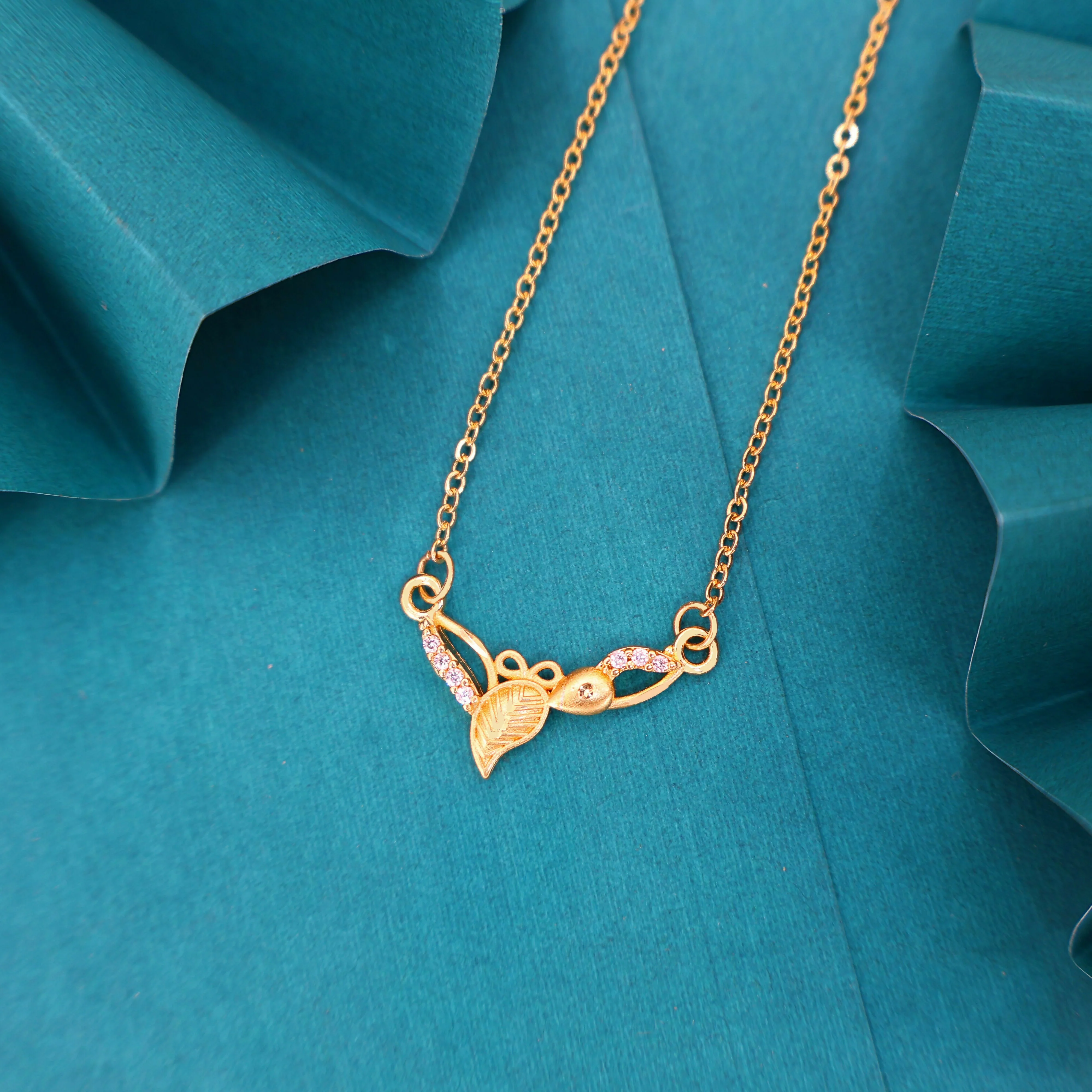 Gold Plated Leaf Necklace – Elegant Floral Design with AD Stones - Image 2