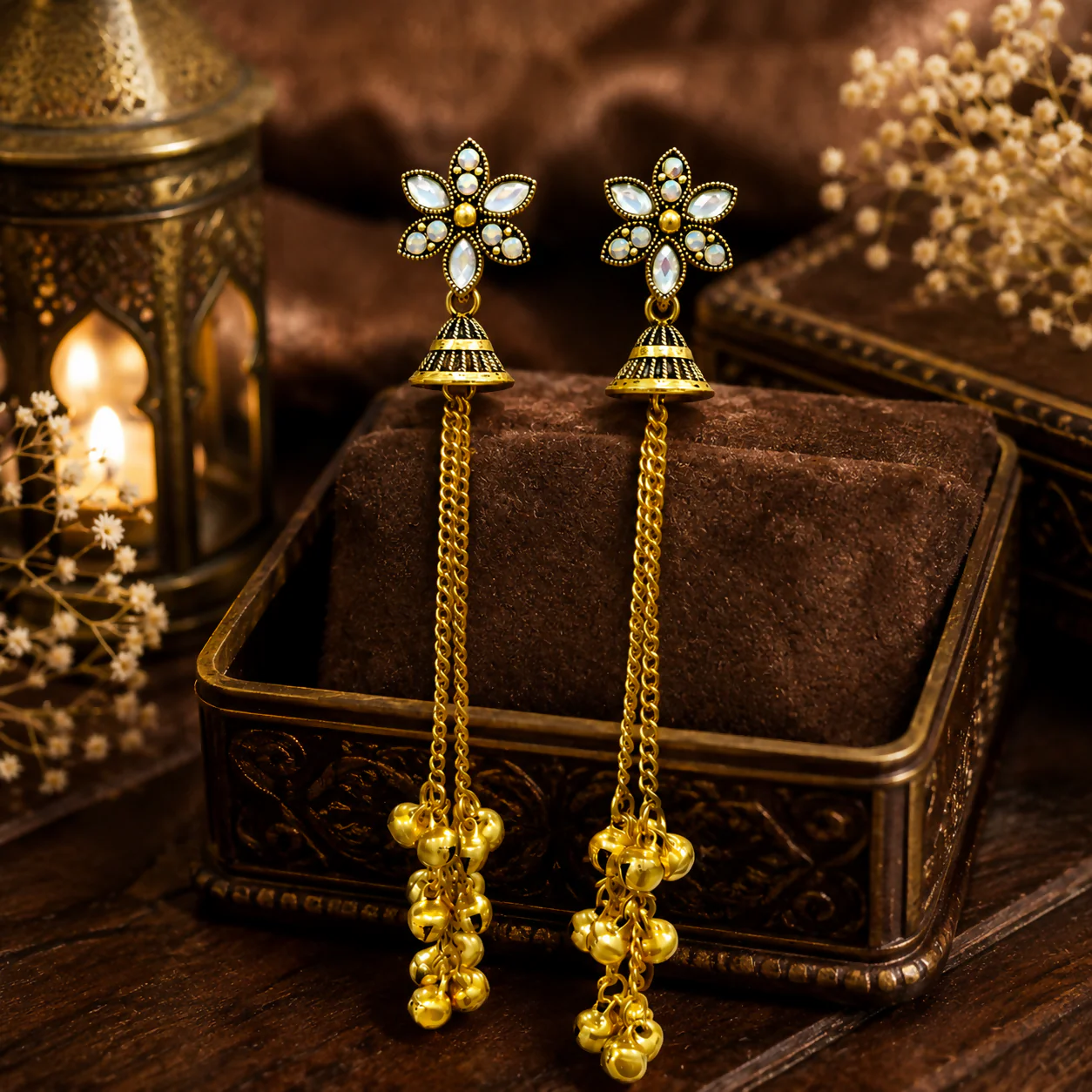 Gold Plated Jhumka Earrings – Floral Long Chain Design for Women - Image 2