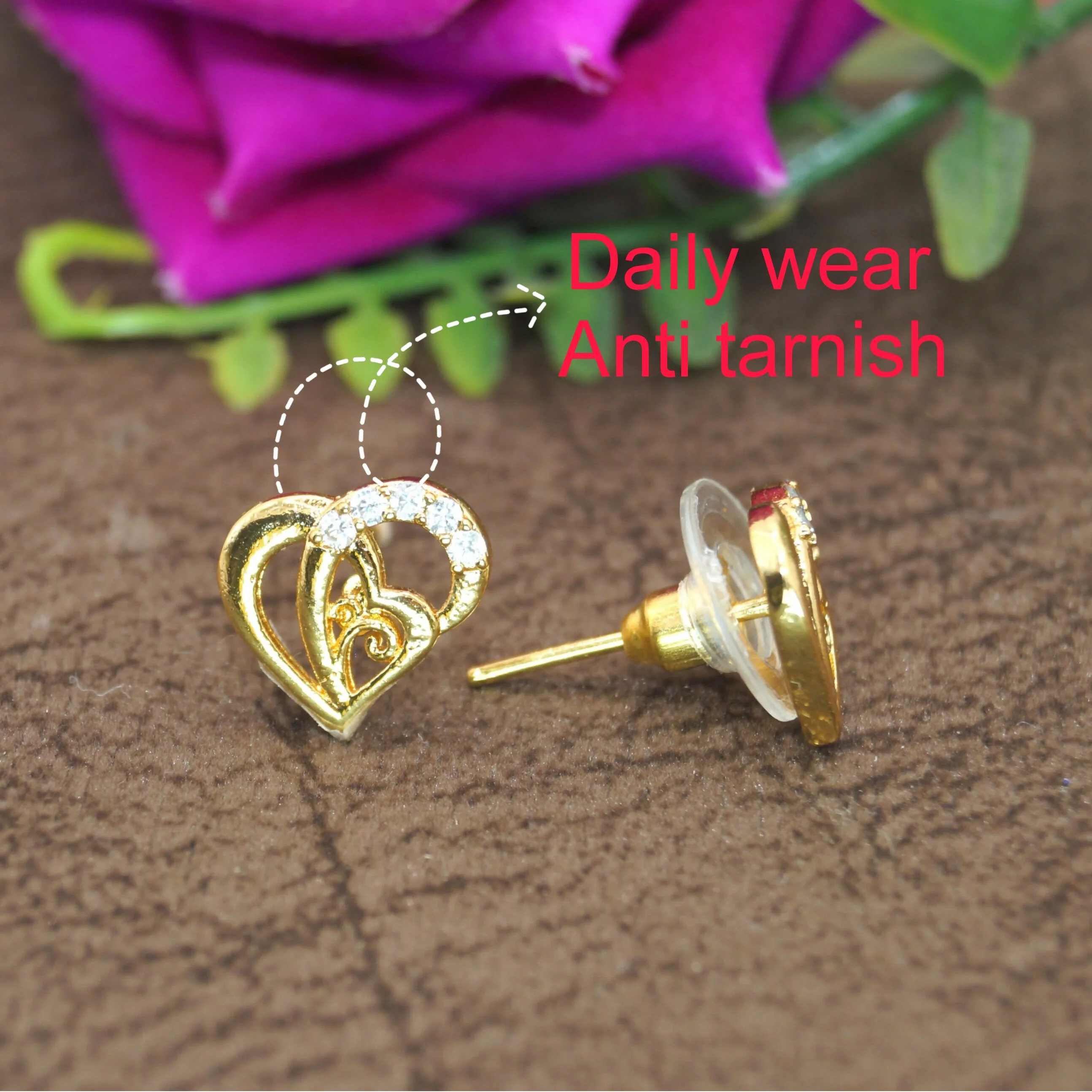 Interlocking Heart Stud Earrings – Elegant Gold Plated Design - Image 3