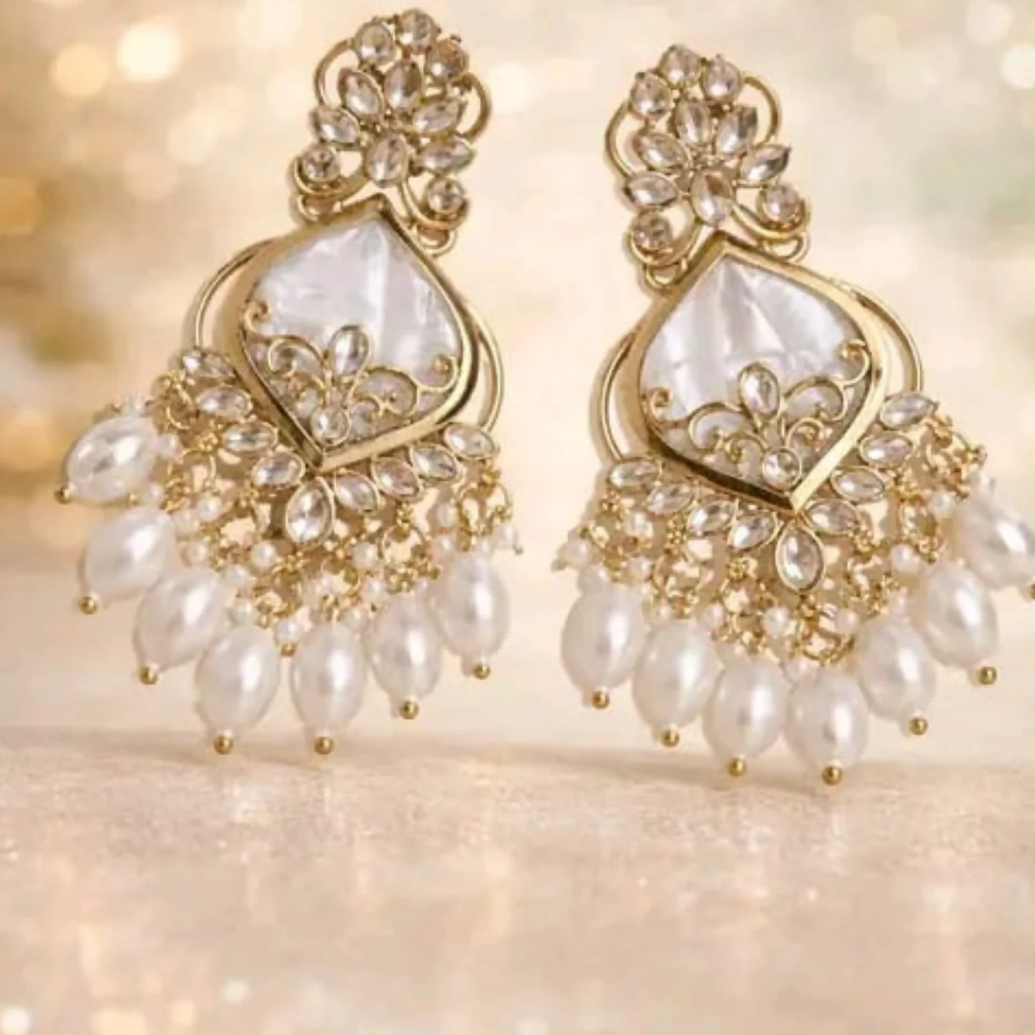 Gold Plated Kundan Chandbali Earrings with Pearl Drops for Women & Festive Wear