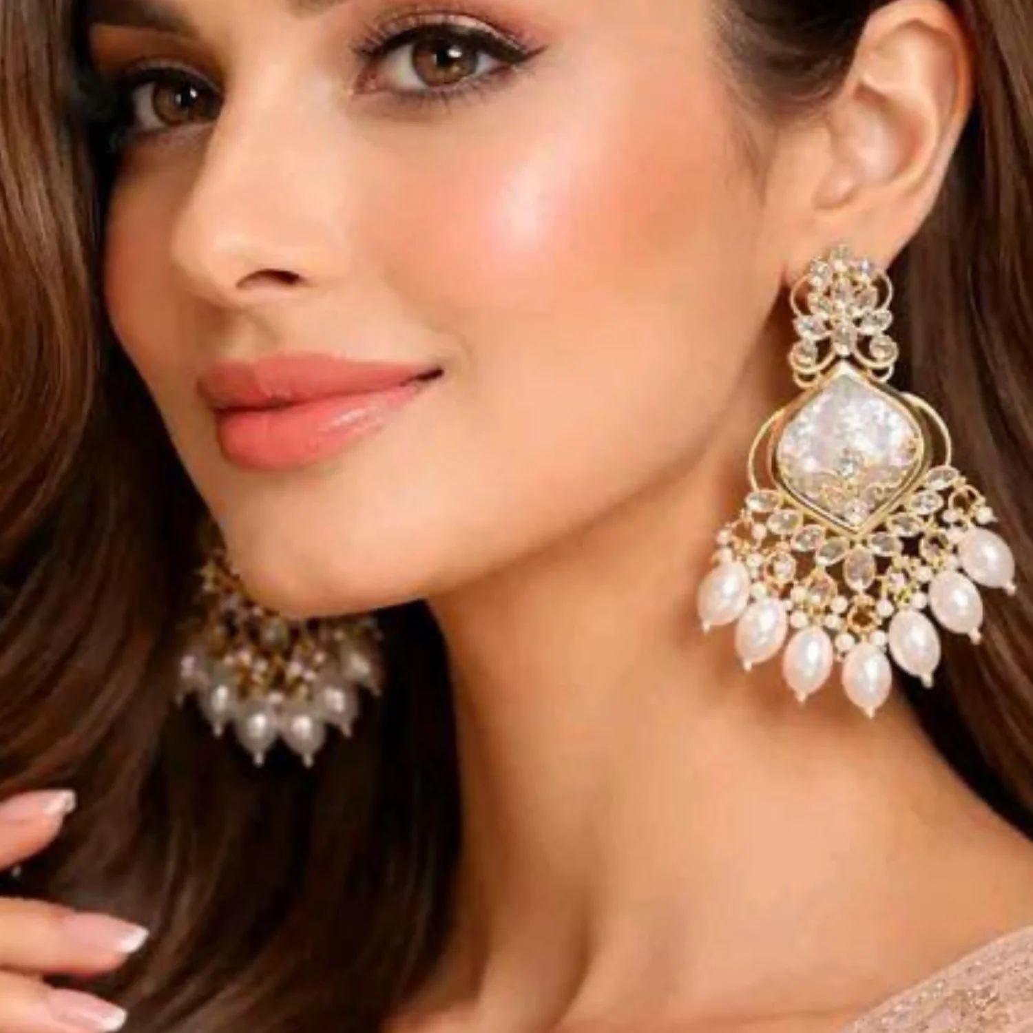 Gold Plated Kundan Chandbali Earrings with Pearl Drops for Women & Festive Wear - Image 2
