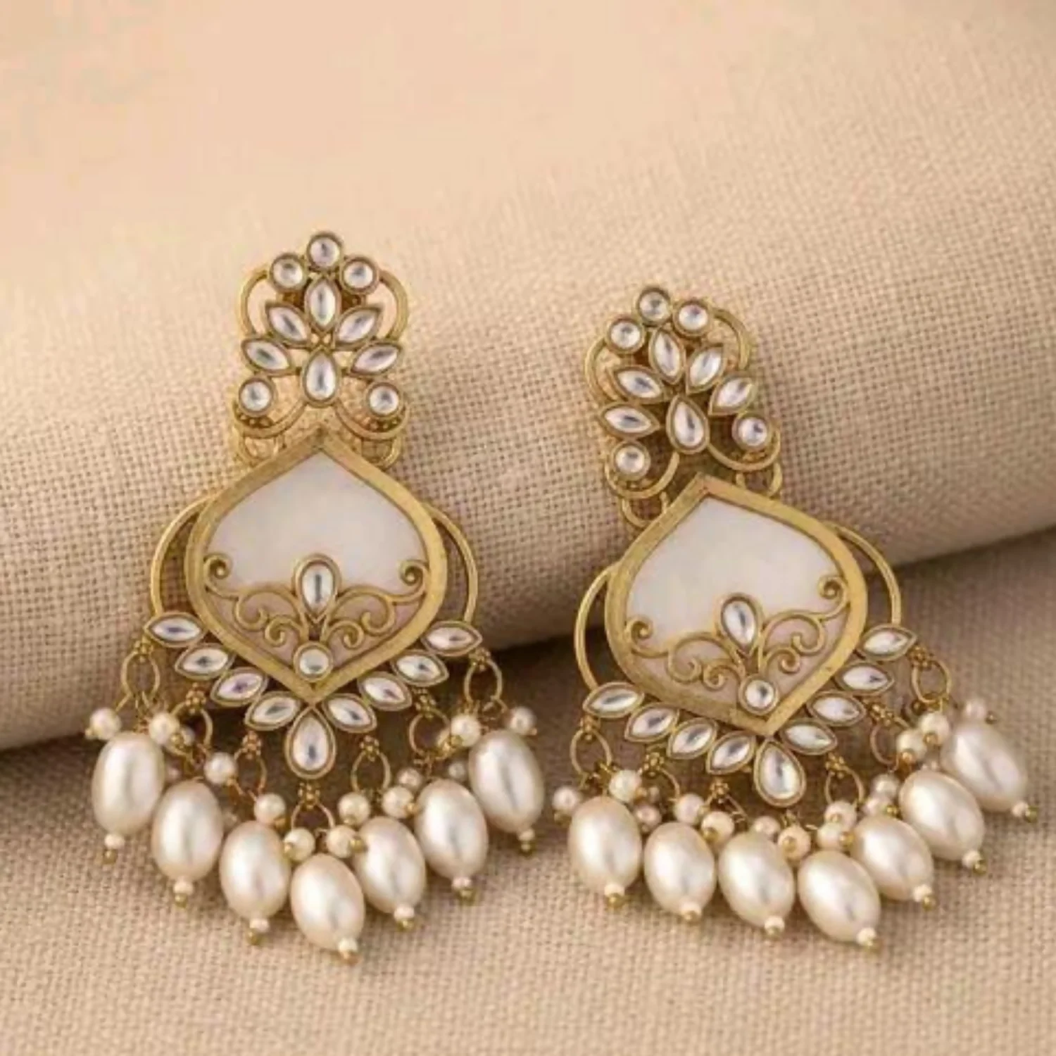 Gold Plated Kundan Chandbali Earrings with Pearl Drops for Women & Festive Wear - Image 3