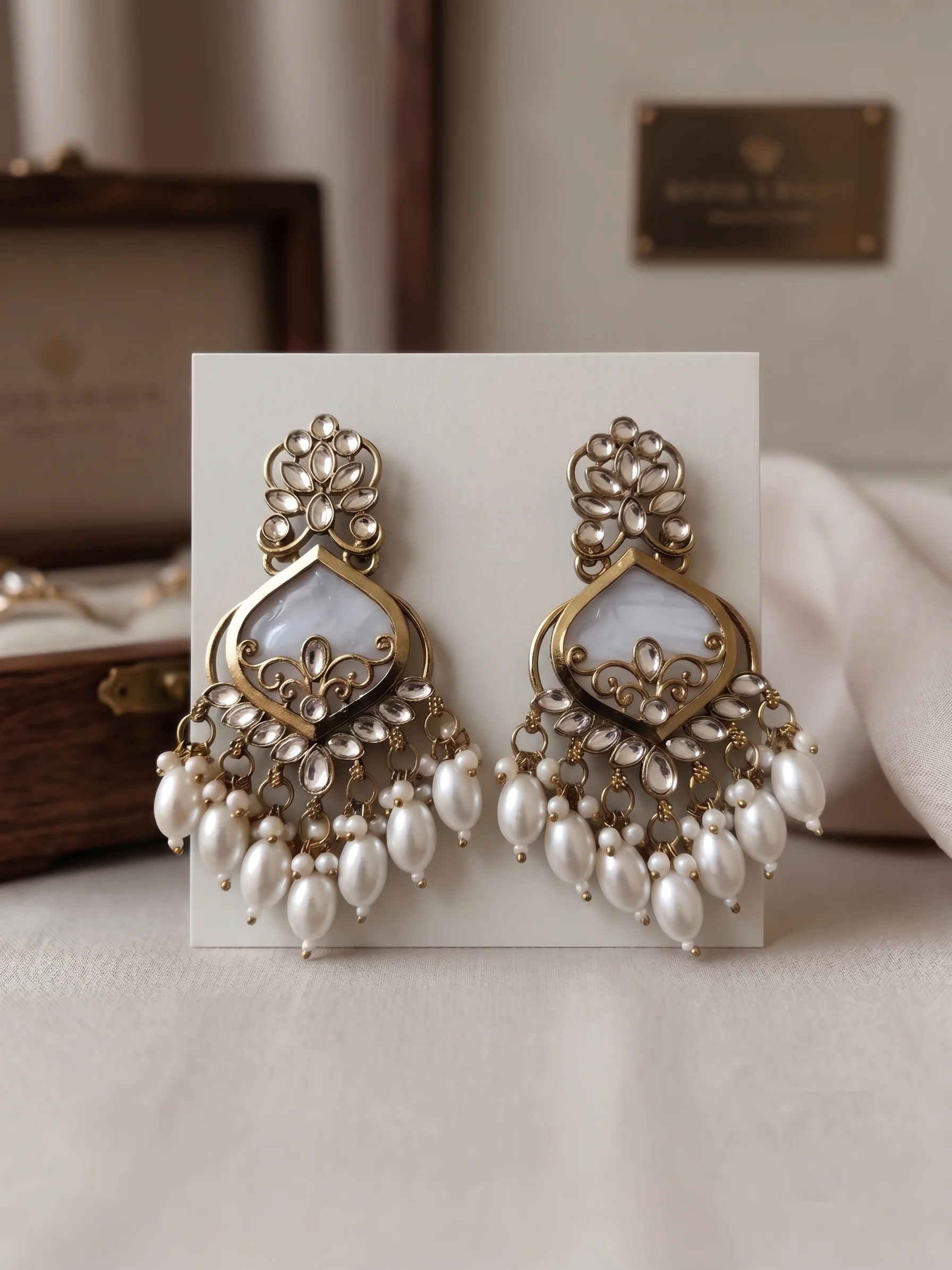 Gold Plated Kundan Chandbali Earrings with Pearl Drops for Women & Festive Wear - Image 6