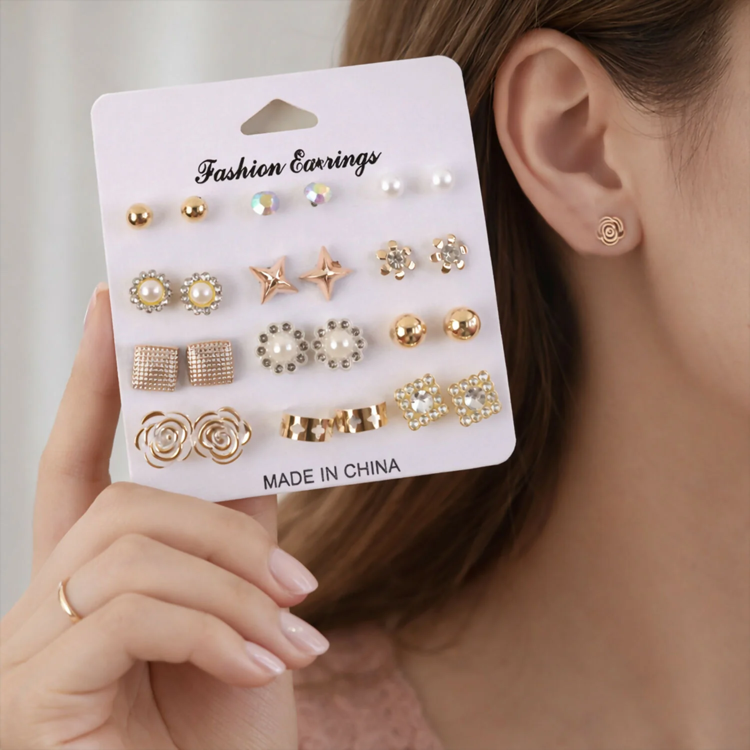 Gold Plated Stud Earrings Set – 12 Stylish Multi-Design Pairs
