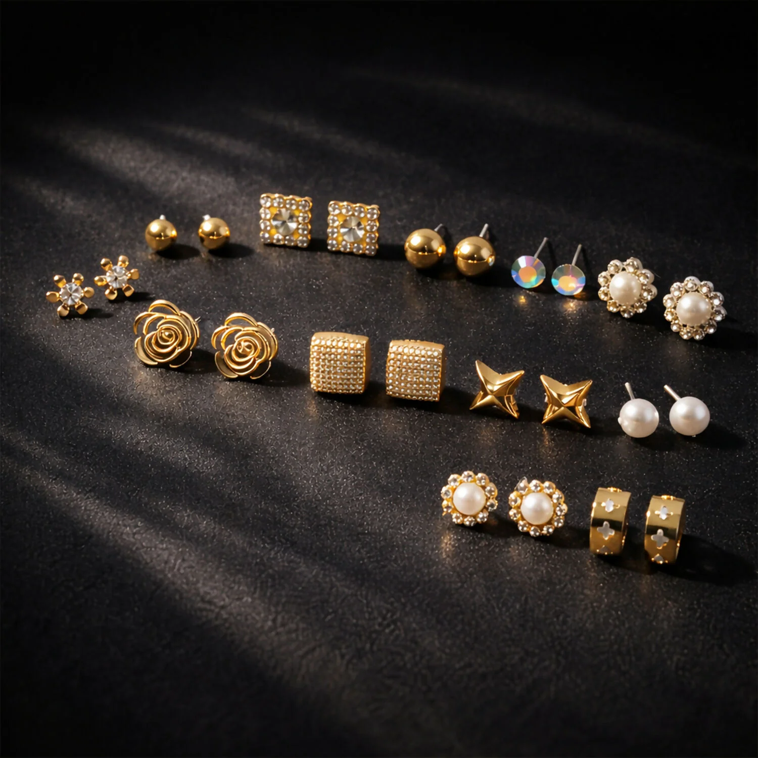 Gold Plated Stud Earrings Set – 12 Stylish Multi-Design Pairs - Image 2