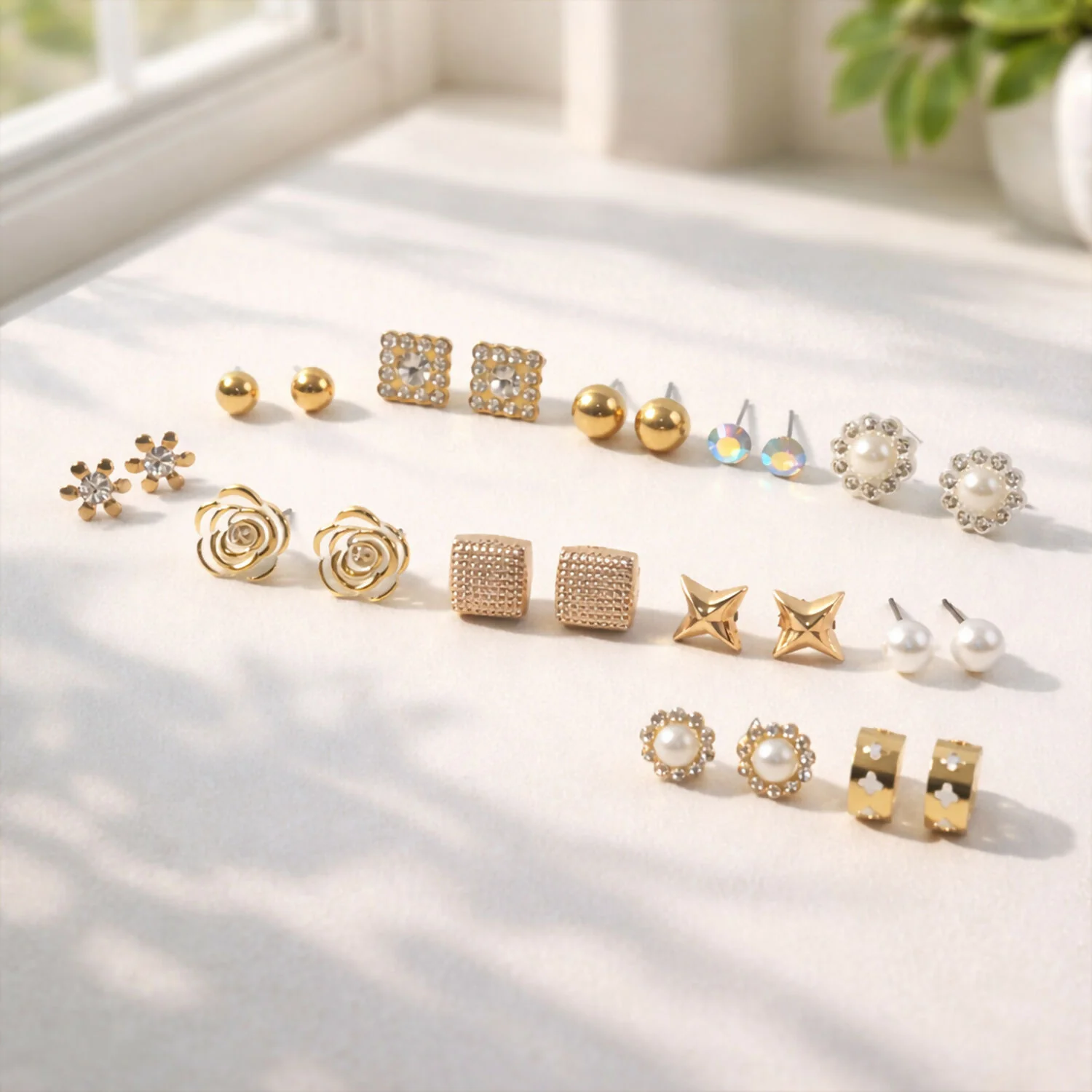 Gold Plated Stud Earrings Set – 12 Stylish Multi-Design Pairs - Image 3
