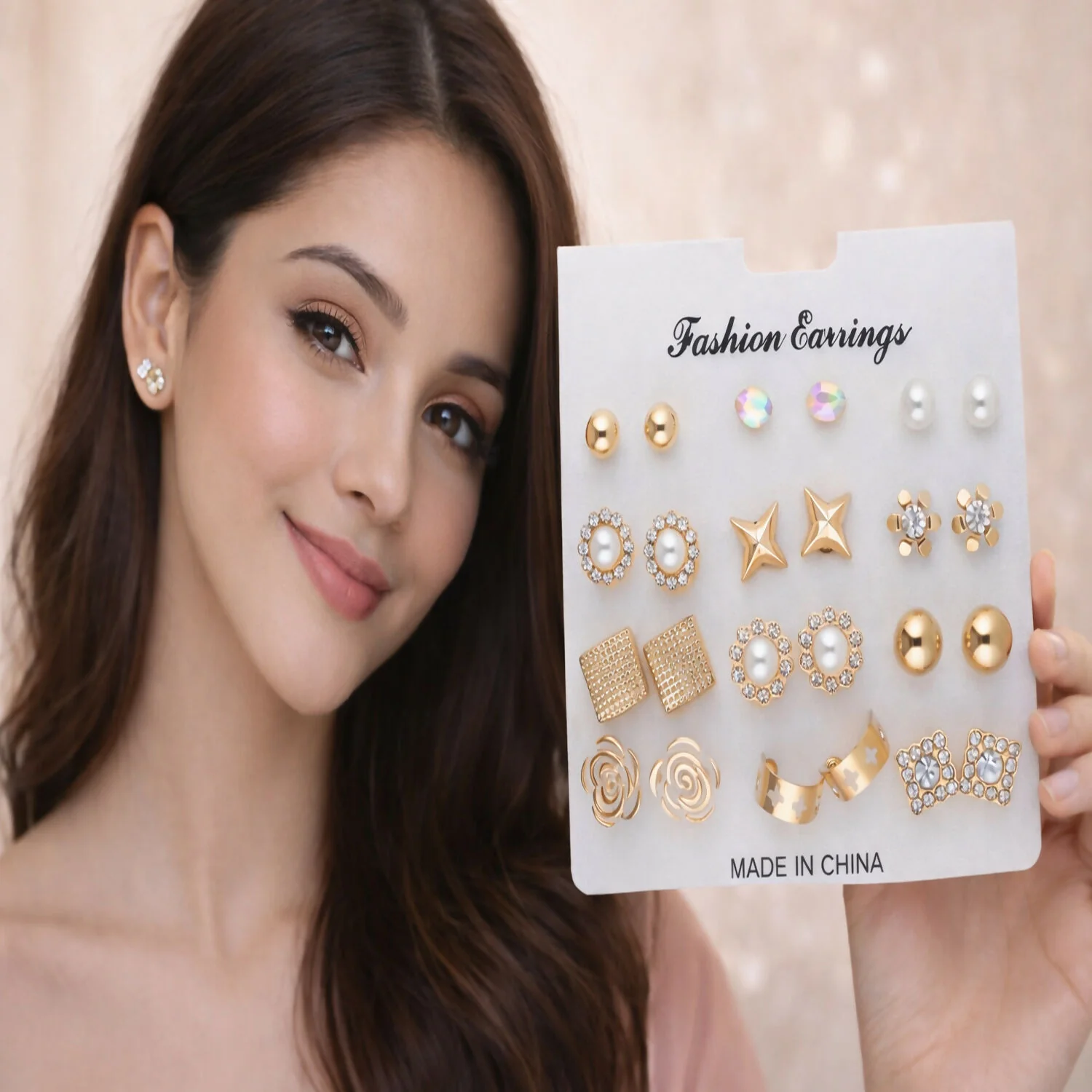 Gold Plated Stud Earrings Set – 12 Stylish Multi-Design Pairs - Image 4