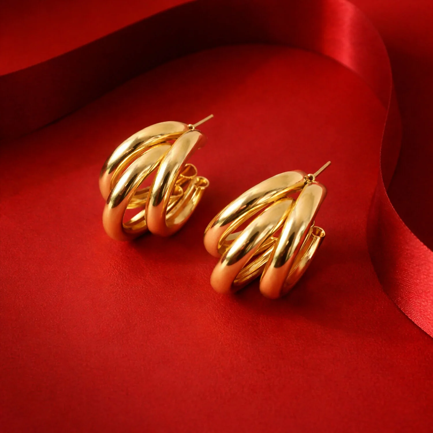 Gold Plated Multi Layer Hoop Earrings – Stylish Chunky Design - Image 3