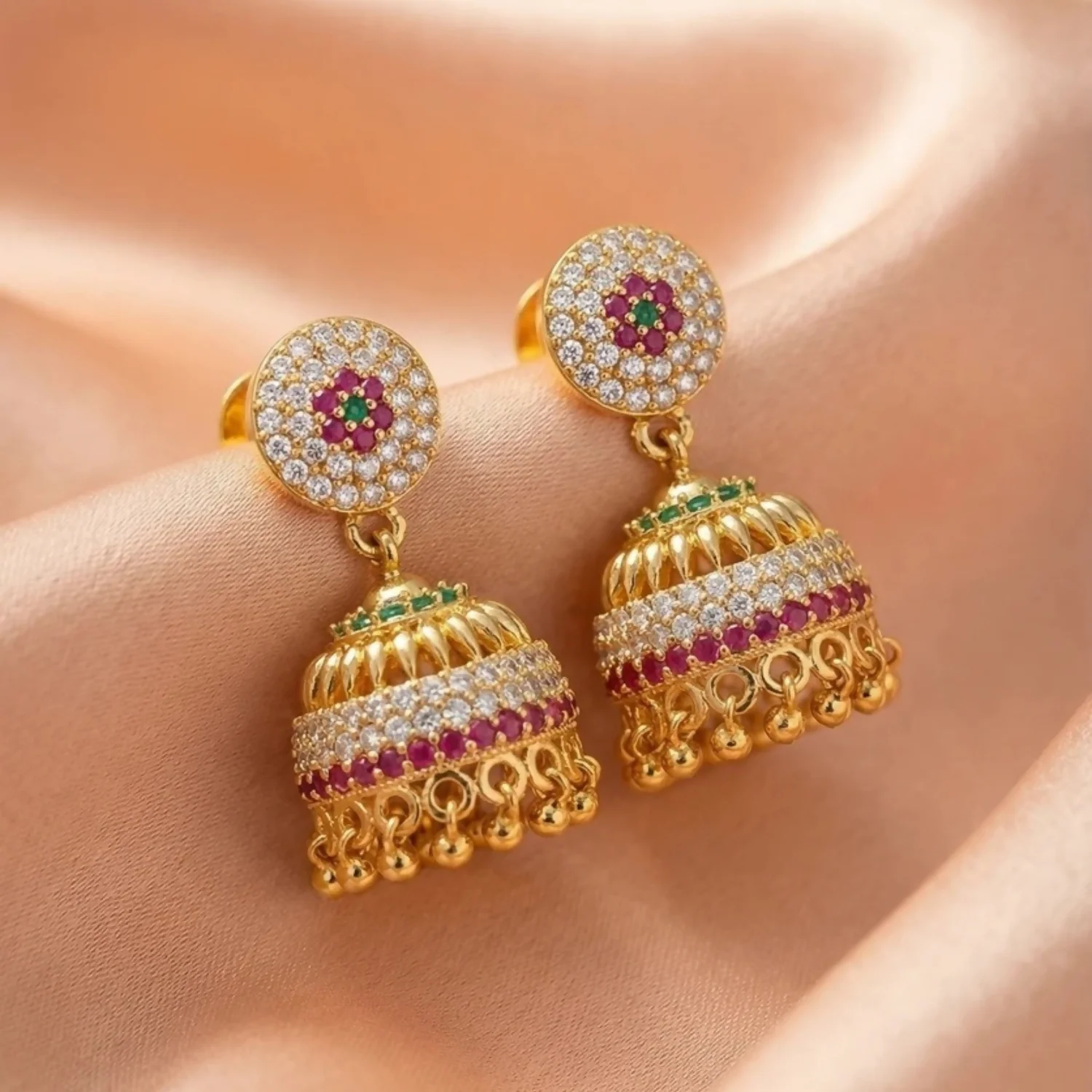 Traditional Jhumka Earrings – Vibrant Multicolour with Gold Finish
