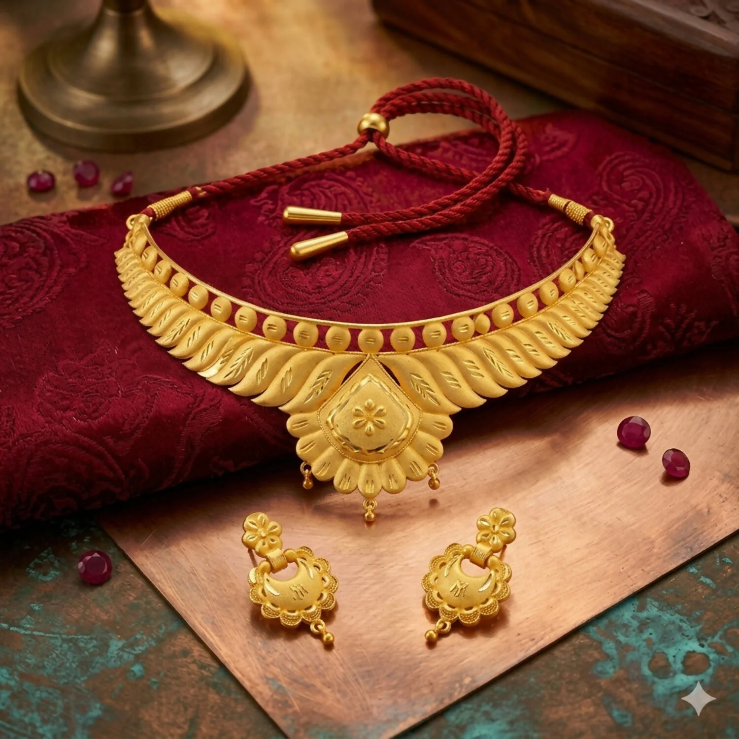 Gold Plated Necklace Set with Red Dori and Matching Earrings