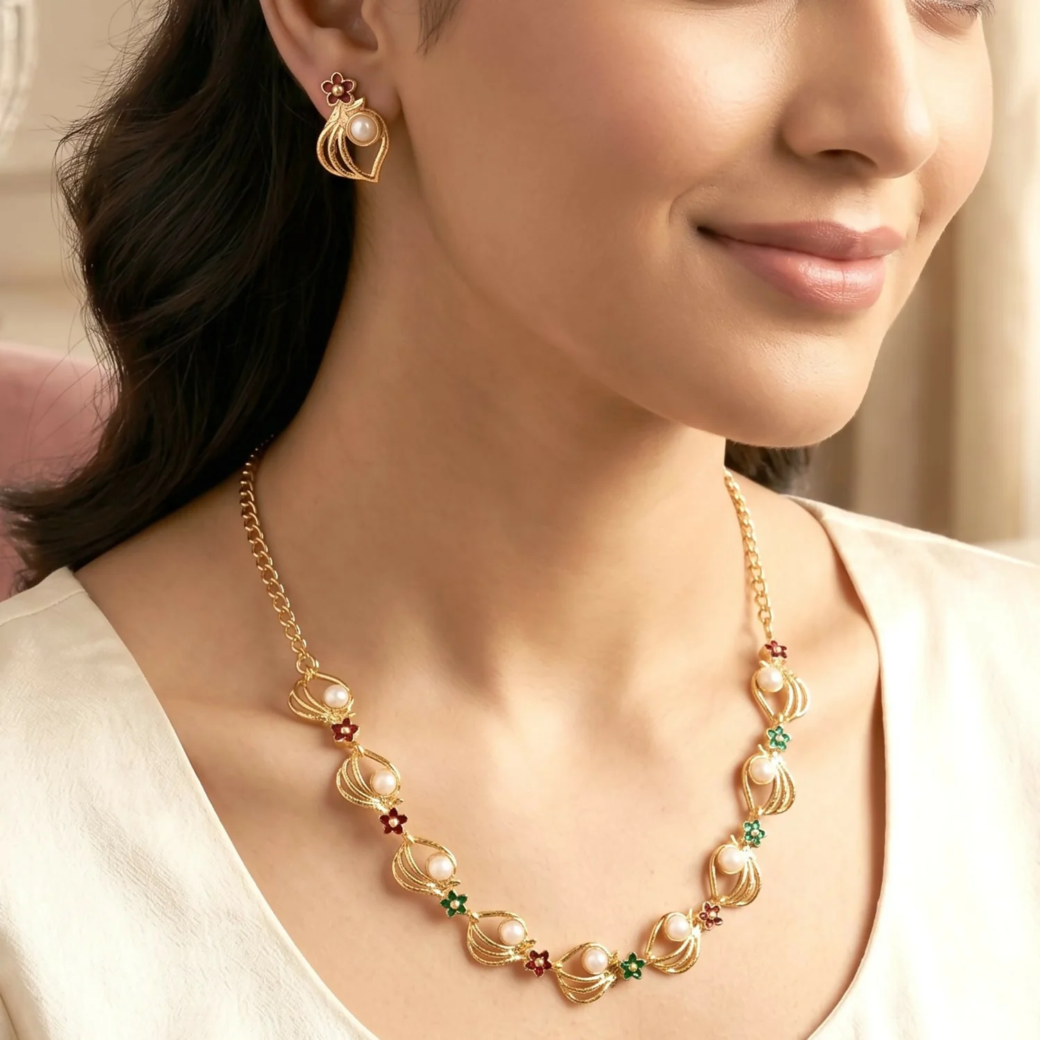 Gold-Plated Pearl Floral Necklace – Elegant wedding & festive jewelry - Image 2