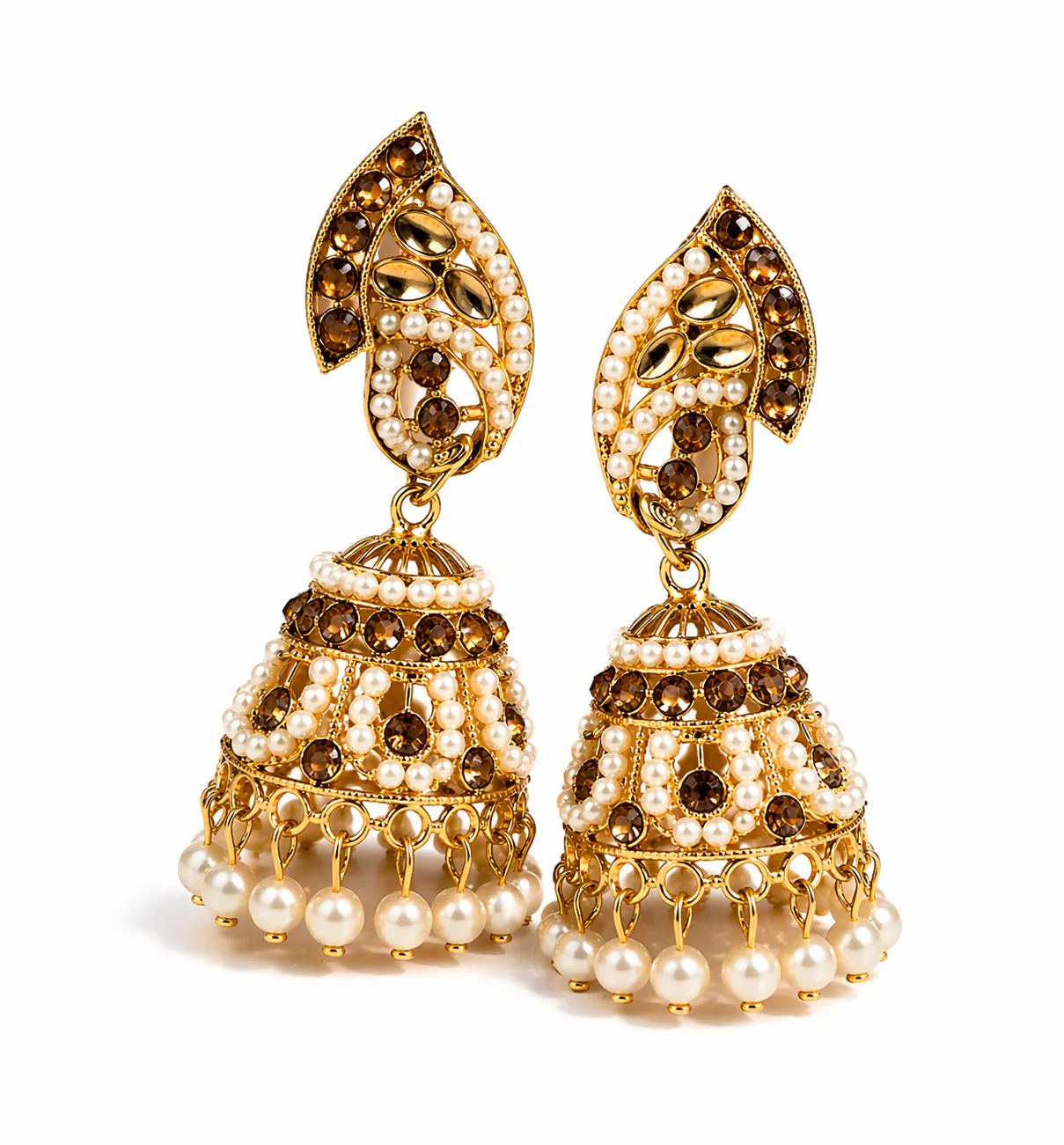 Gold Plated Pearl & Stone Jhumka Earrings – Traditional Ethnic Design - Image 4