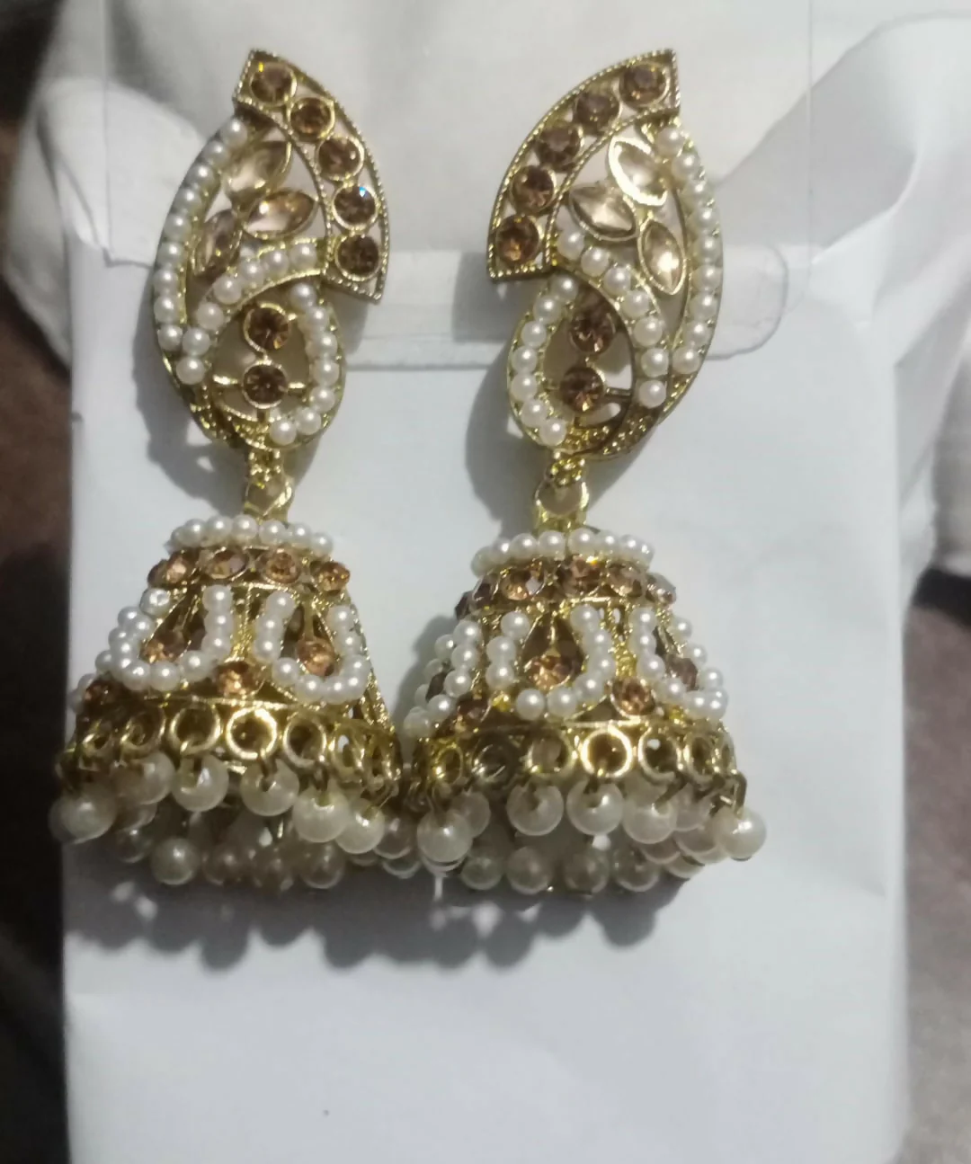 Gold Plated Pearl & Stone Jhumka Earrings – Traditional Ethnic Design - Image 5
