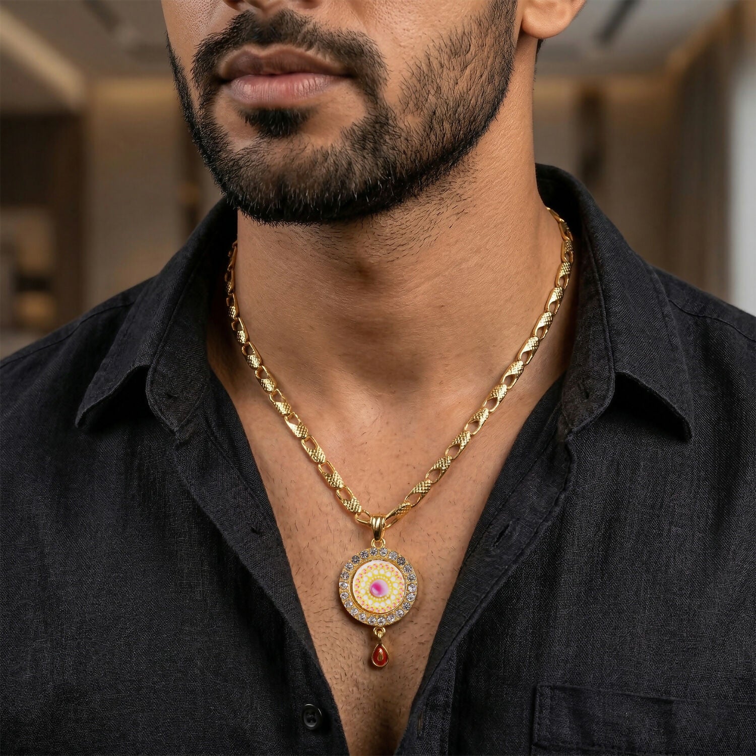 Gold Plated Pendant Necklace – Elegant Stone-Studded Circular Design - Image 2