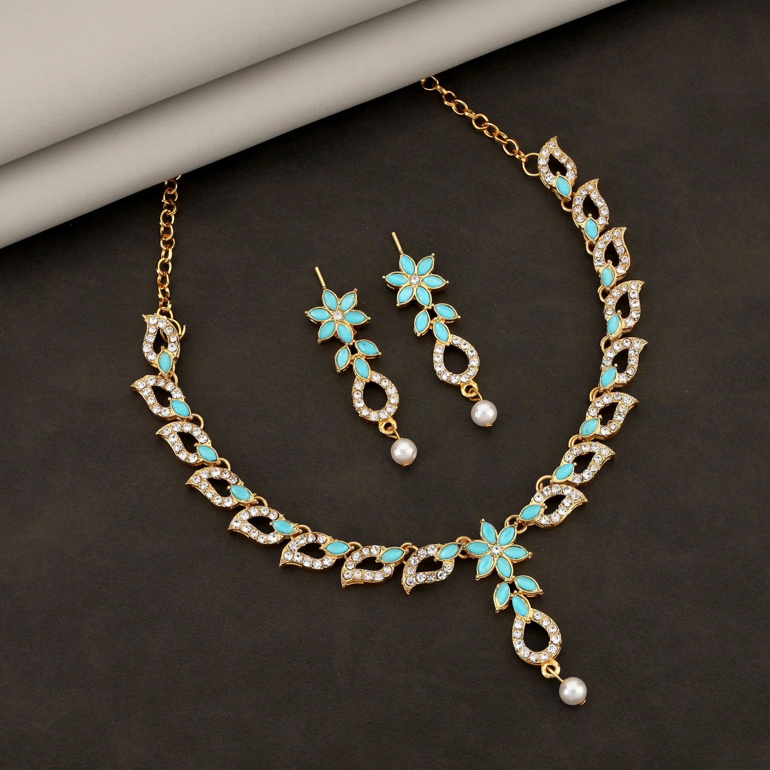 Turquoise Necklace Set – Gold-Plated Floral Link Design