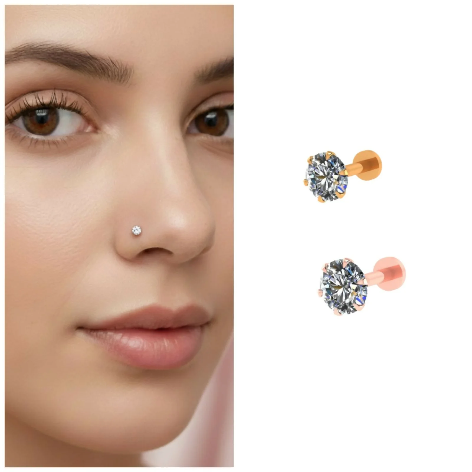 Gold & Rose Plated Nosepin Stud - Combo Pack of 2 Elegant Nose Pins
