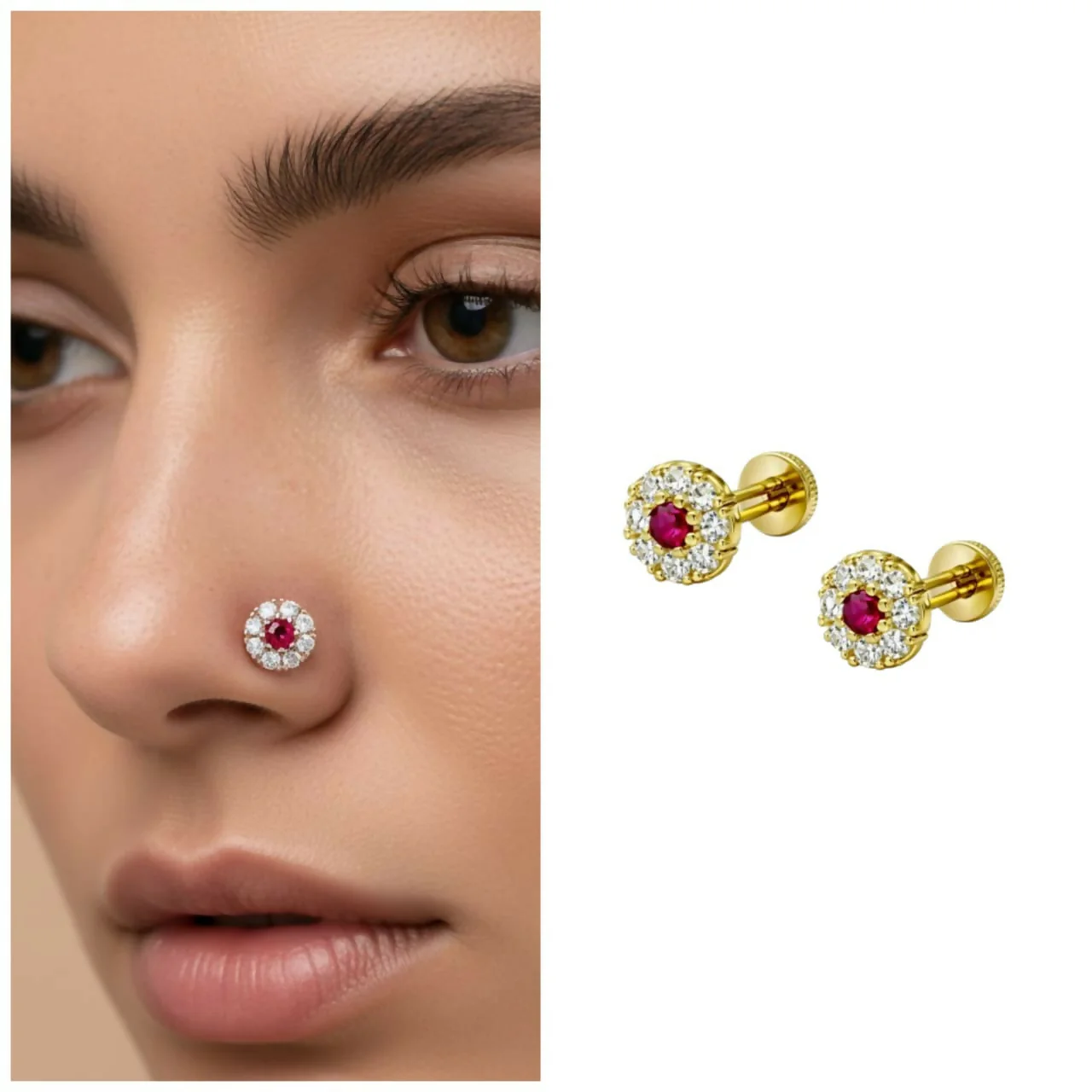 Ruby Halo Floral Nose Pin – Elegant Combo Pack of 2 - Image 3