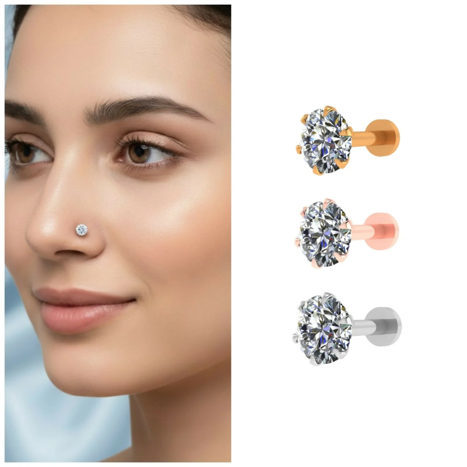 Gold Silver Rose Gold Plated Nosepin Combo Pack of 3 – Elegant and Hypoallergenic