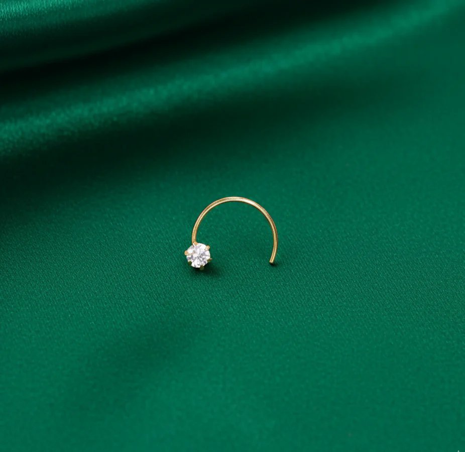 18K Gold Single Diamond Nose Pin – Comfortable C-Shape Fit - Image 2