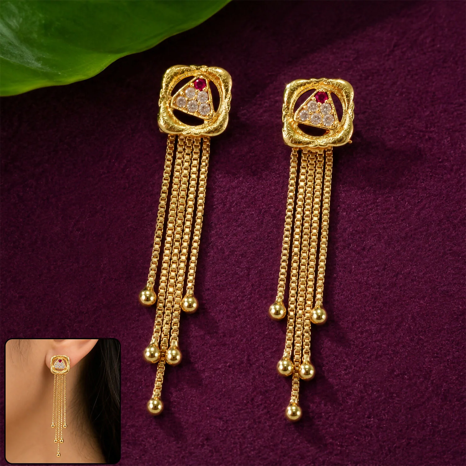 Gold Square Medallion Dangle Earrings, Multi-Strand Chain Tassels &...