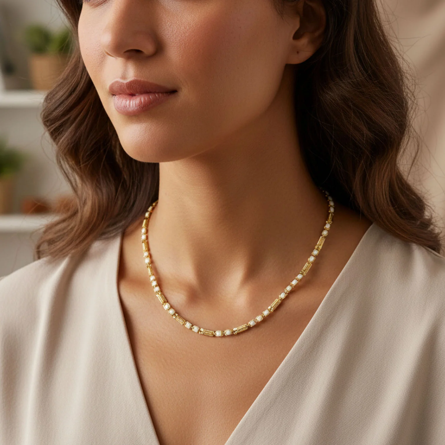 Gold Tone Designer Chain Necklace – Elegant Stone Detail - Image 4