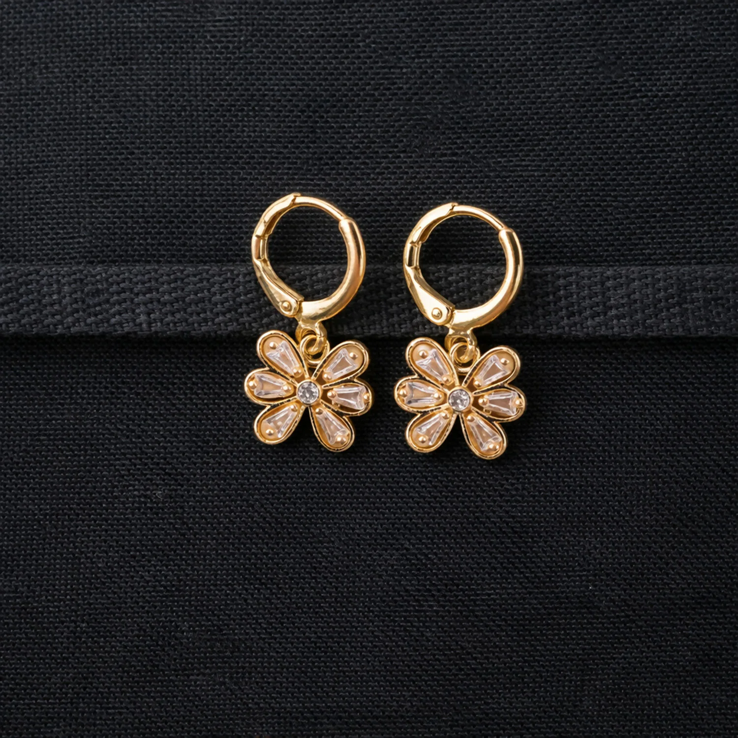 Gold-Tone Floral Hoop Earrings – Elegant Crystal Drop Design - Image 2