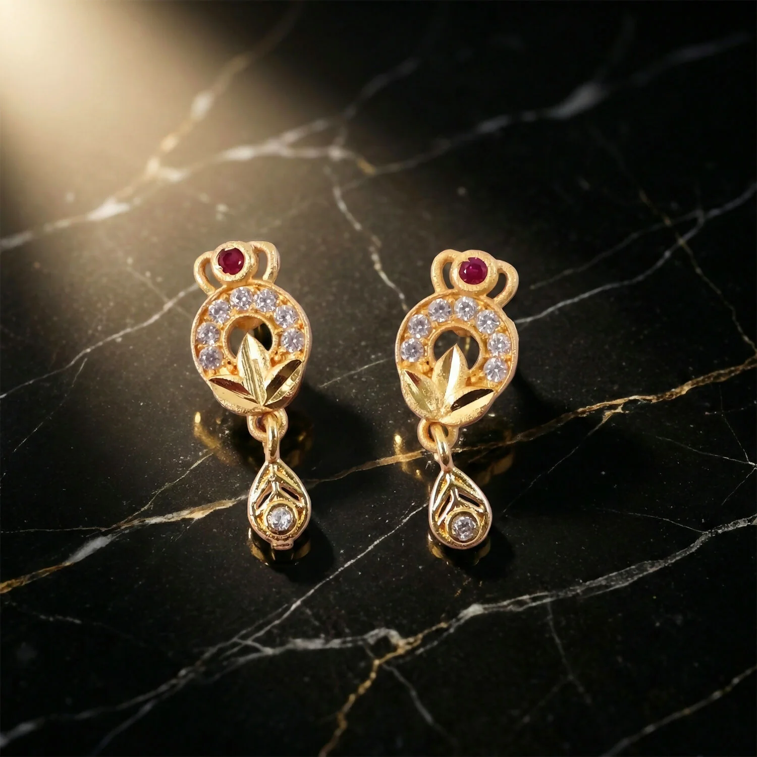Gold Tone Floral Drop Earrings With Red Stone And Crystal Detailing For Women